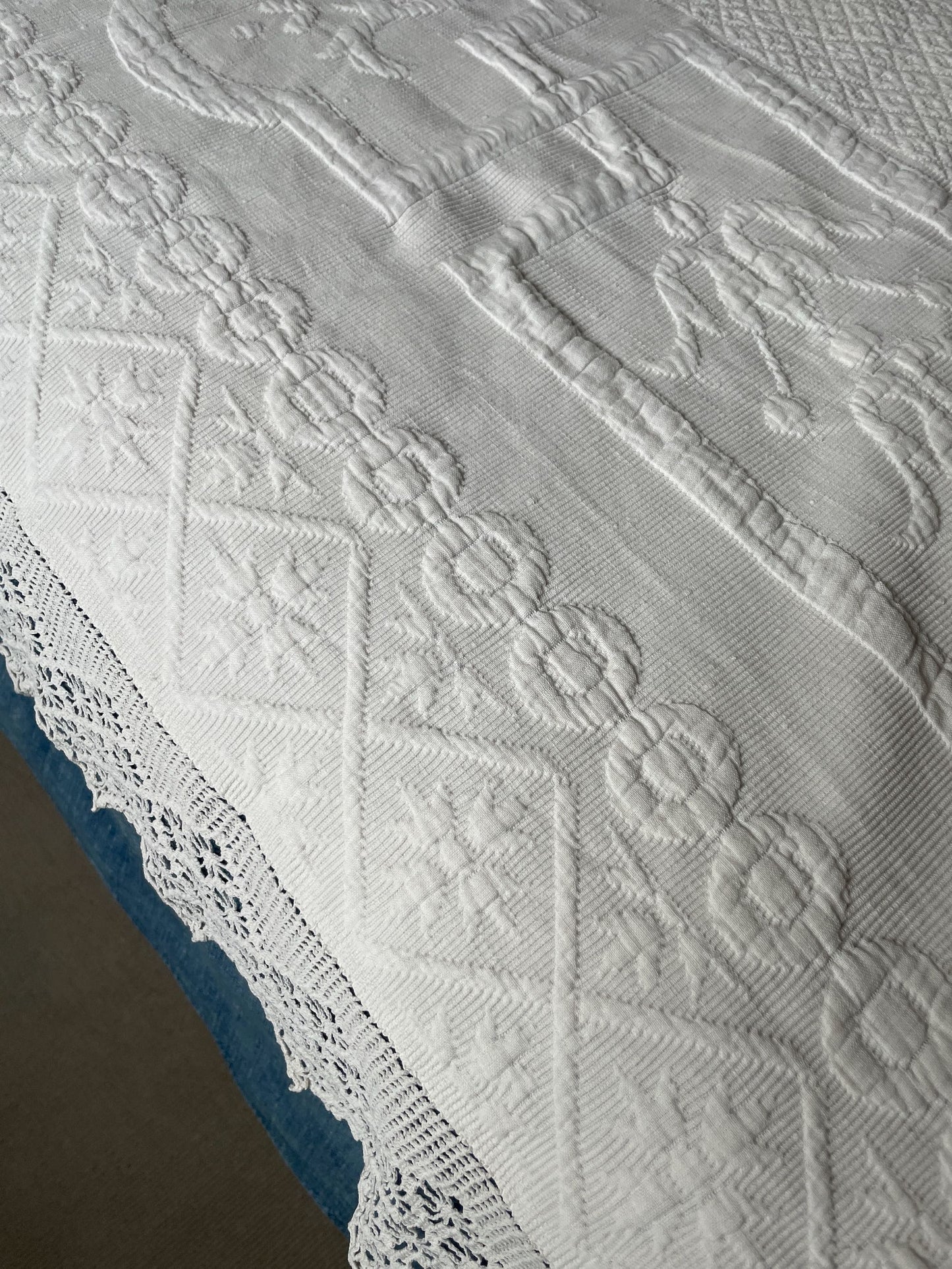 
                  
                    double french pique de marseille white vintage cotton bedspread monogram GV paris boudoir textiles
                  
                