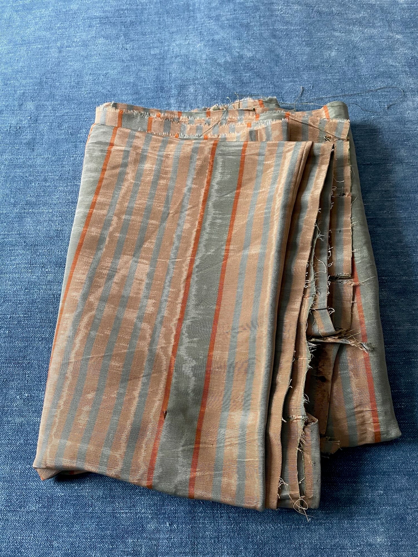 blue beige orange striped silk fabric moire panel sewing material for cushions, garments antique 