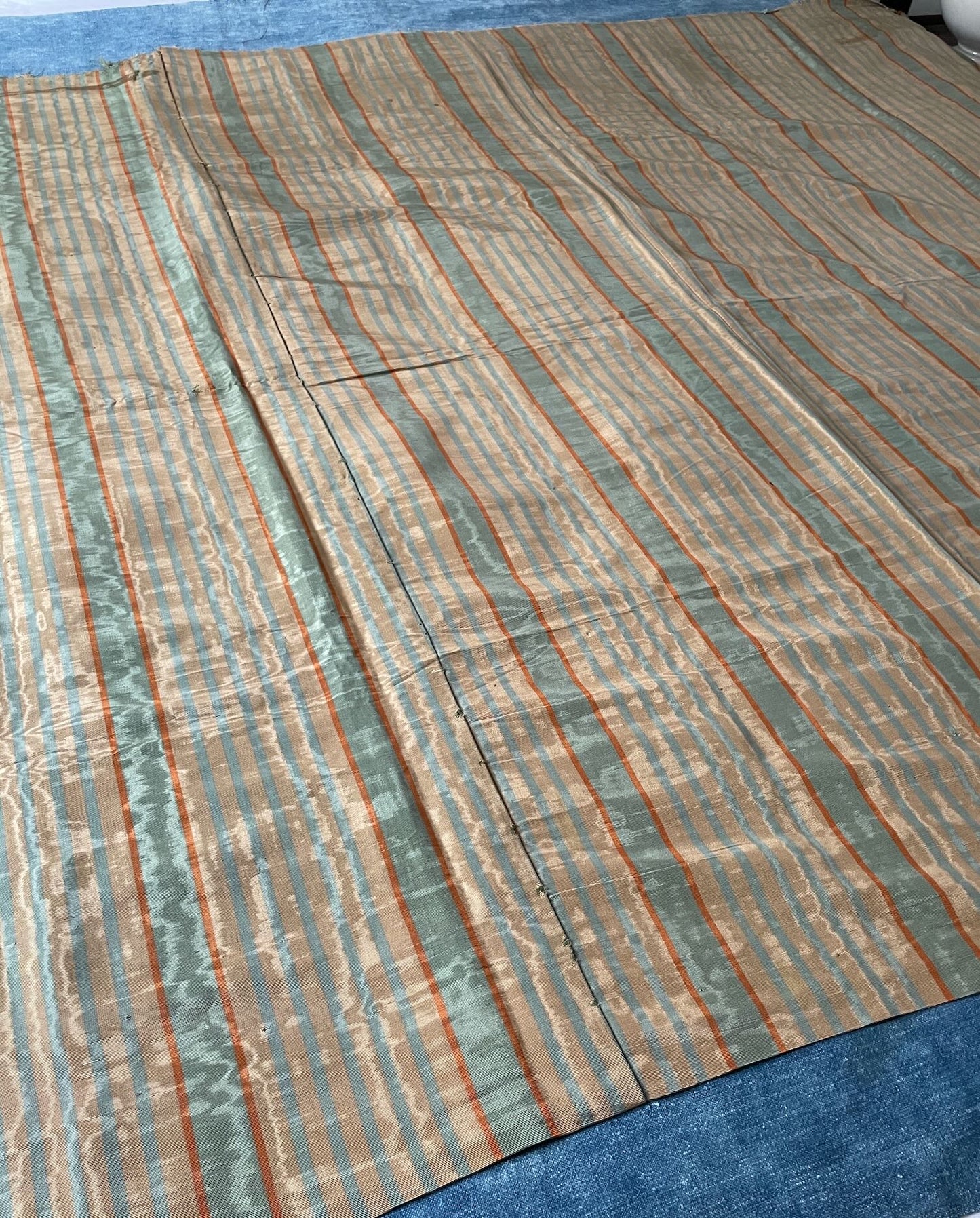 blue beige orange striped silk fabric moire panel sewing material for cushions,garments antique 