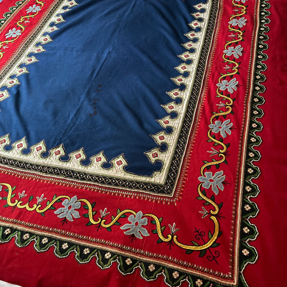 
                  
                    red blue embroidered cloth vintage french folk textile hand stitched rare heirloom fabric
                  
                