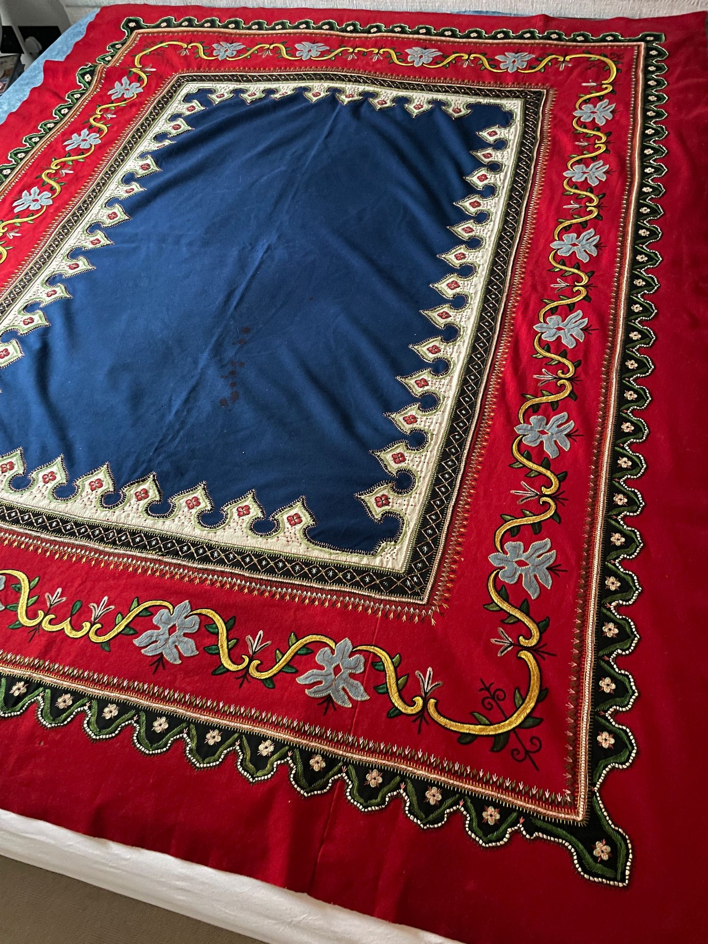 
                  
                    red blue embroidered cloth vintage french folk textile hand stitched rare heirloom fabric
                  
                