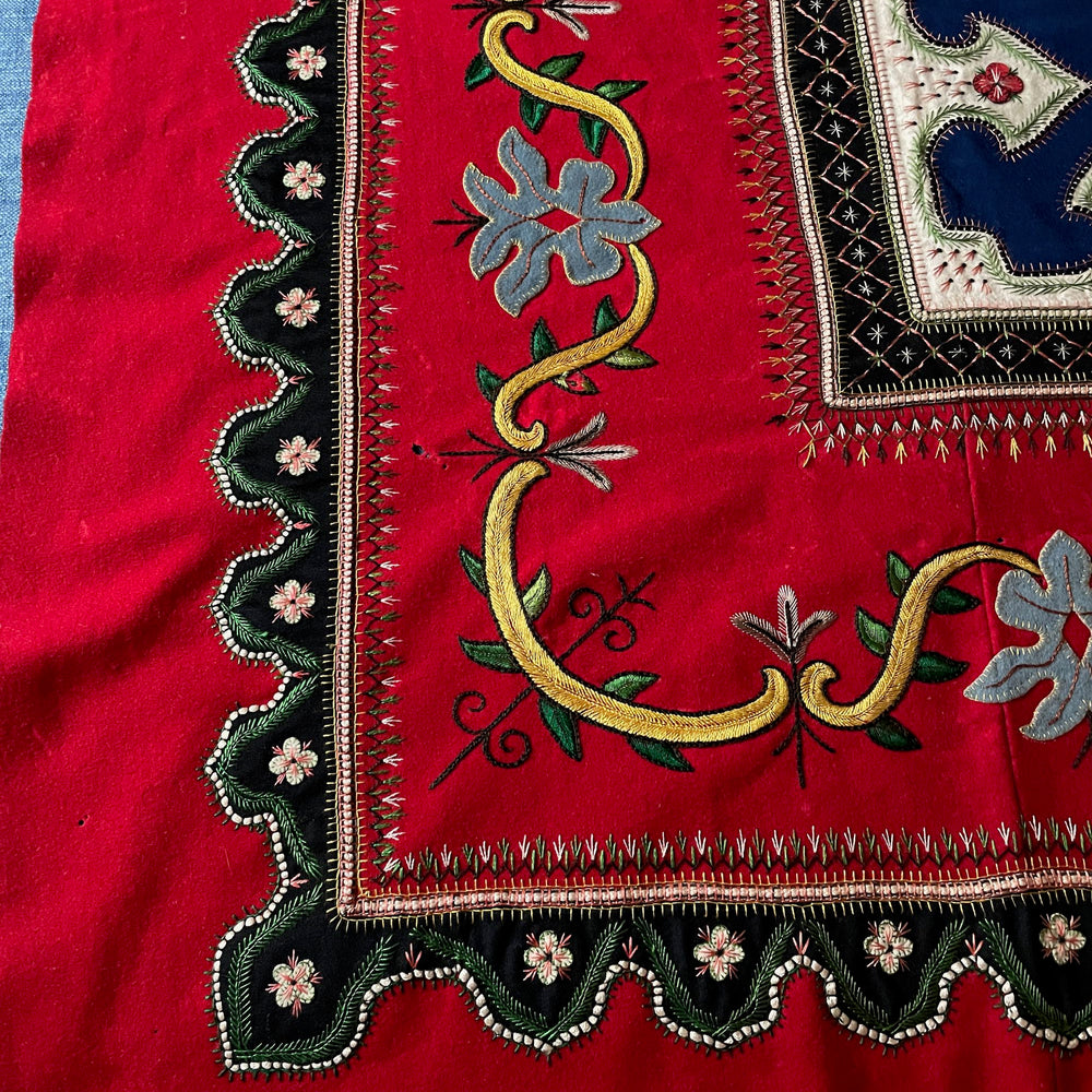 
                  
                    red blue embroidered cloth vintage french folk textile hand stitched rare heirloom fabric
                  
                