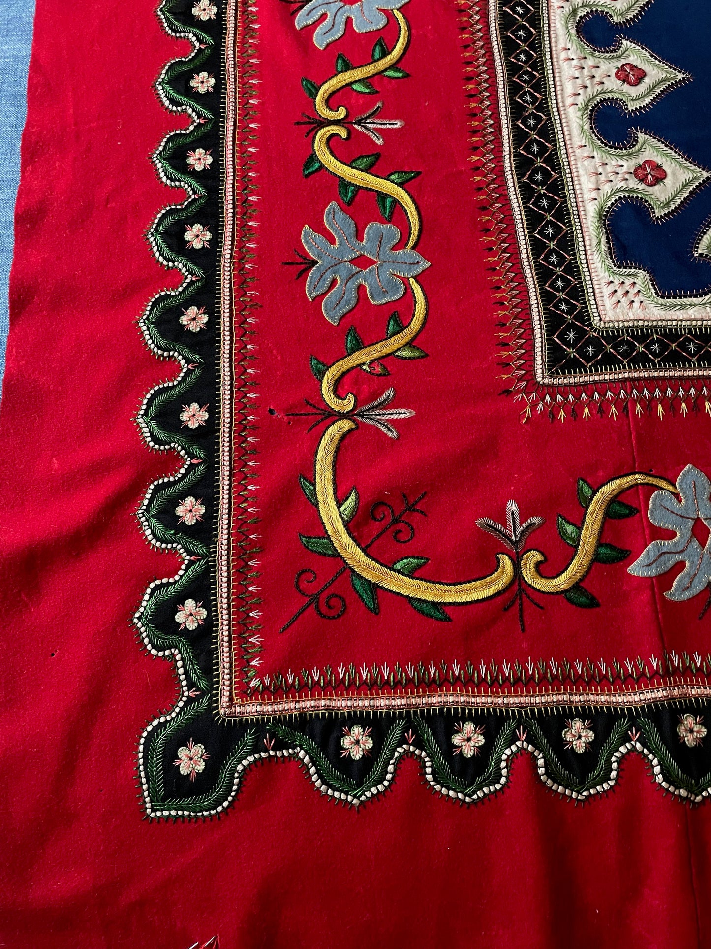 
                  
                    red blue embroidered cloth vintage french folk textile hand stitched rare heirloom fabric
                  
                