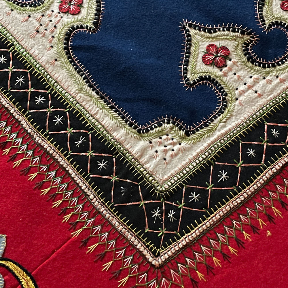 
                  
                    red blue embroidered cloth vintage french folk textile hand stitched rare heirloom fabric
                  
                