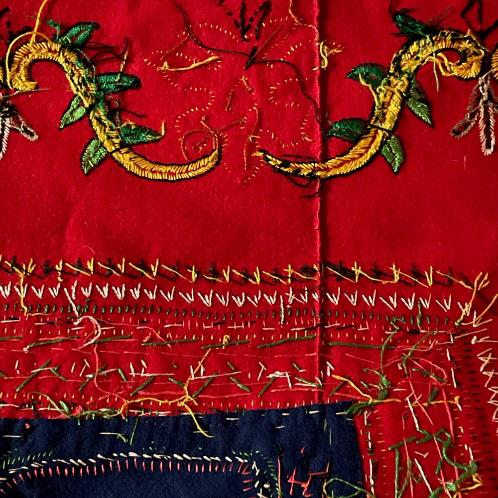 
                  
                    red blue embroidered cloth vintage french folk textile hand stitched rare heirloom fabric
                  
                