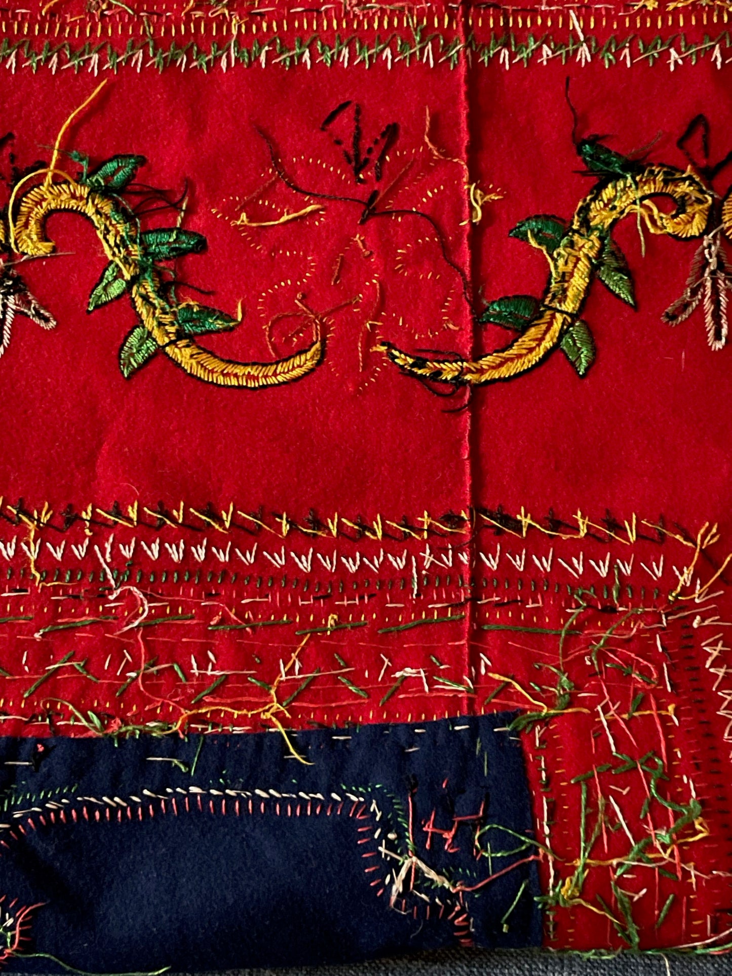 
                  
                    red blue embroidered cloth vintage french folk textile hand stitched rare heirloom fabric
                  
                