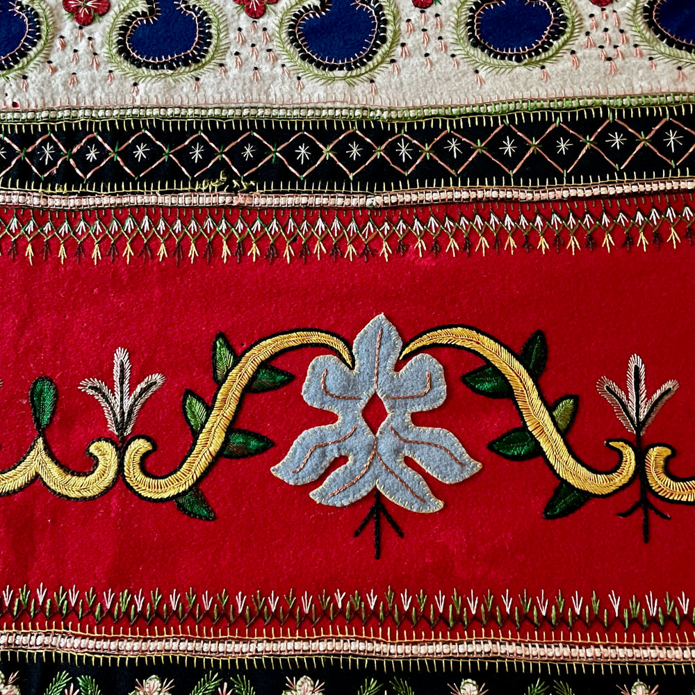 
                  
                    red blue embroidered cloth vintage french folk textile hand stitched rare heirloom fabric
                  
                