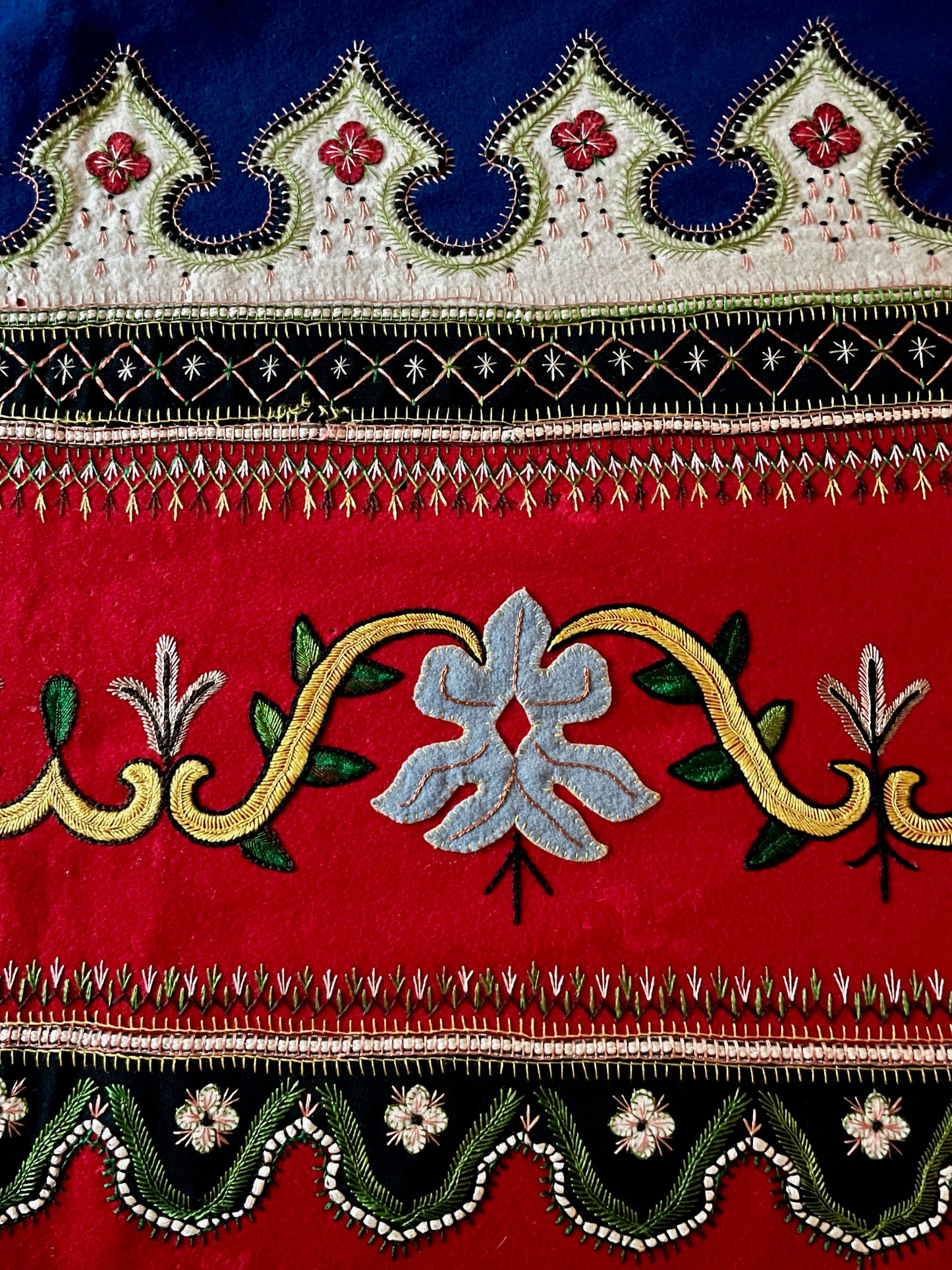 red blue embroidered cloth vintage french folk textile hand stitched rare heirloom fabric