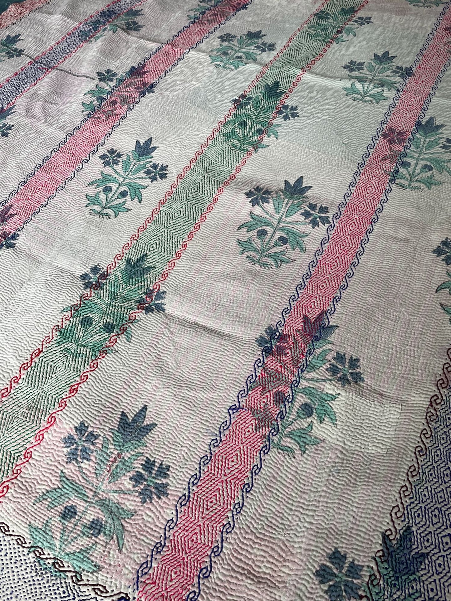 
                  
                    white red blue embroidered kantha quilt block print floral bedspread washable comforter uk
                  
                
