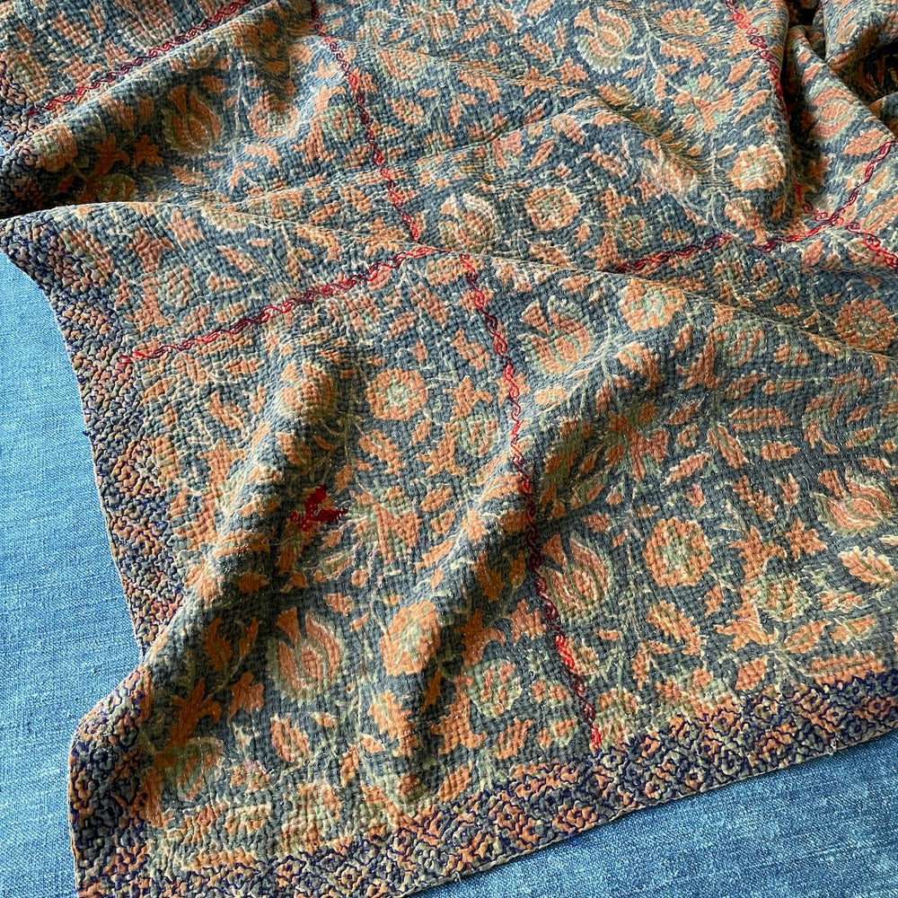 warm orange terracotta hues kantha quilt cotton bedspread sofa throw washable hand stitched single