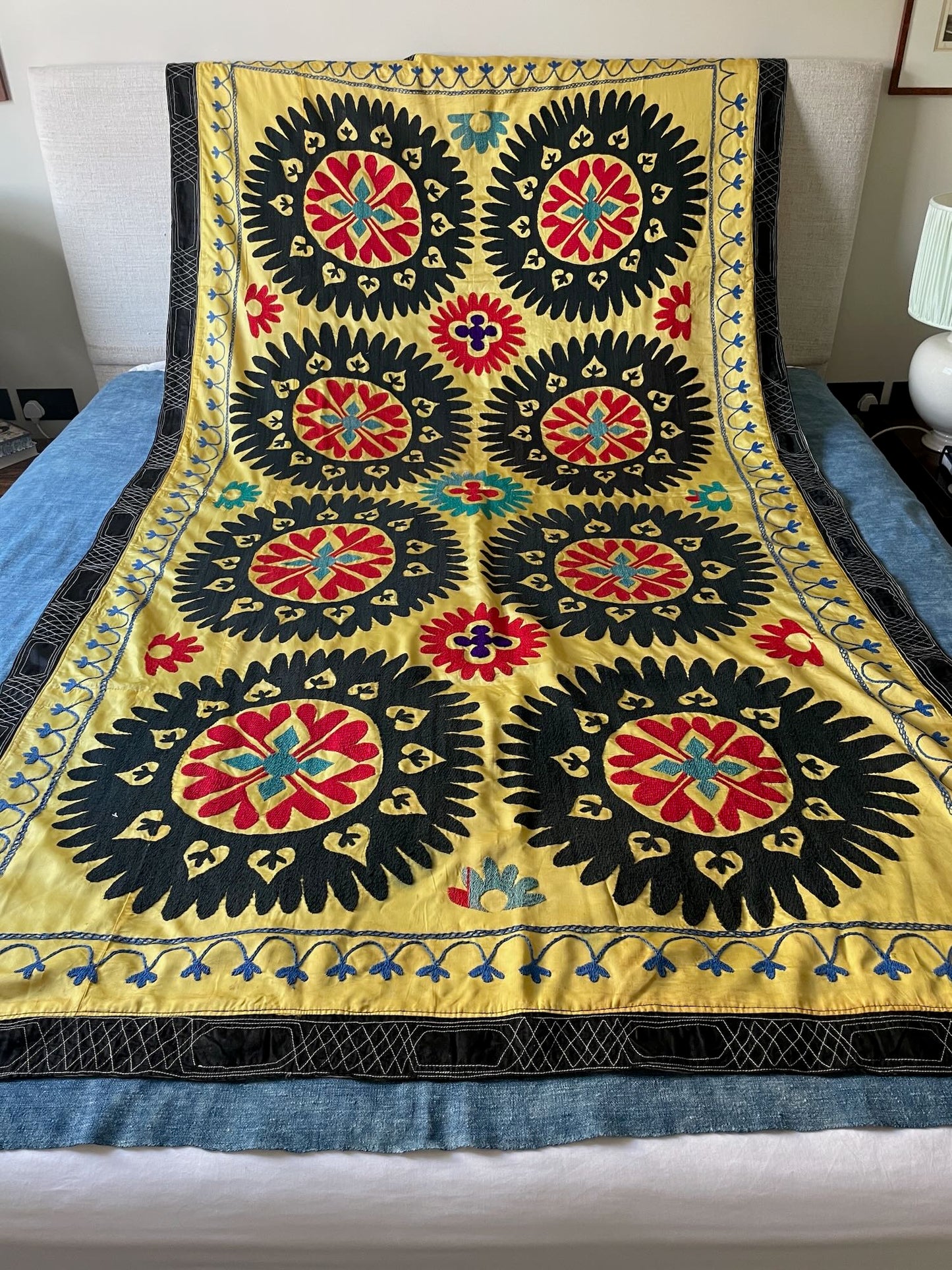 
                  
                    Vintage Suzani Wall Hanging In Yellow, Black & Red
                  
                