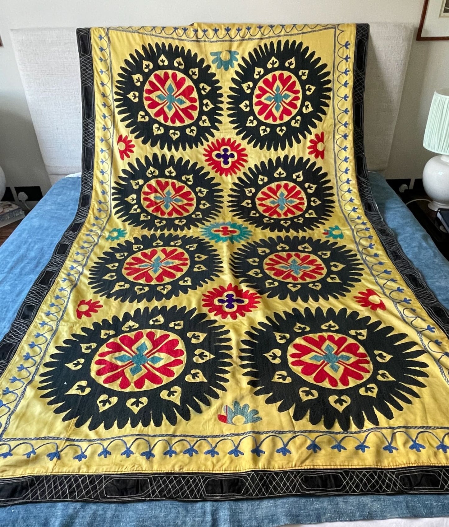 
                  
                    Vintage Suzani Wall Hanging In Yellow, Black & Red
                  
                