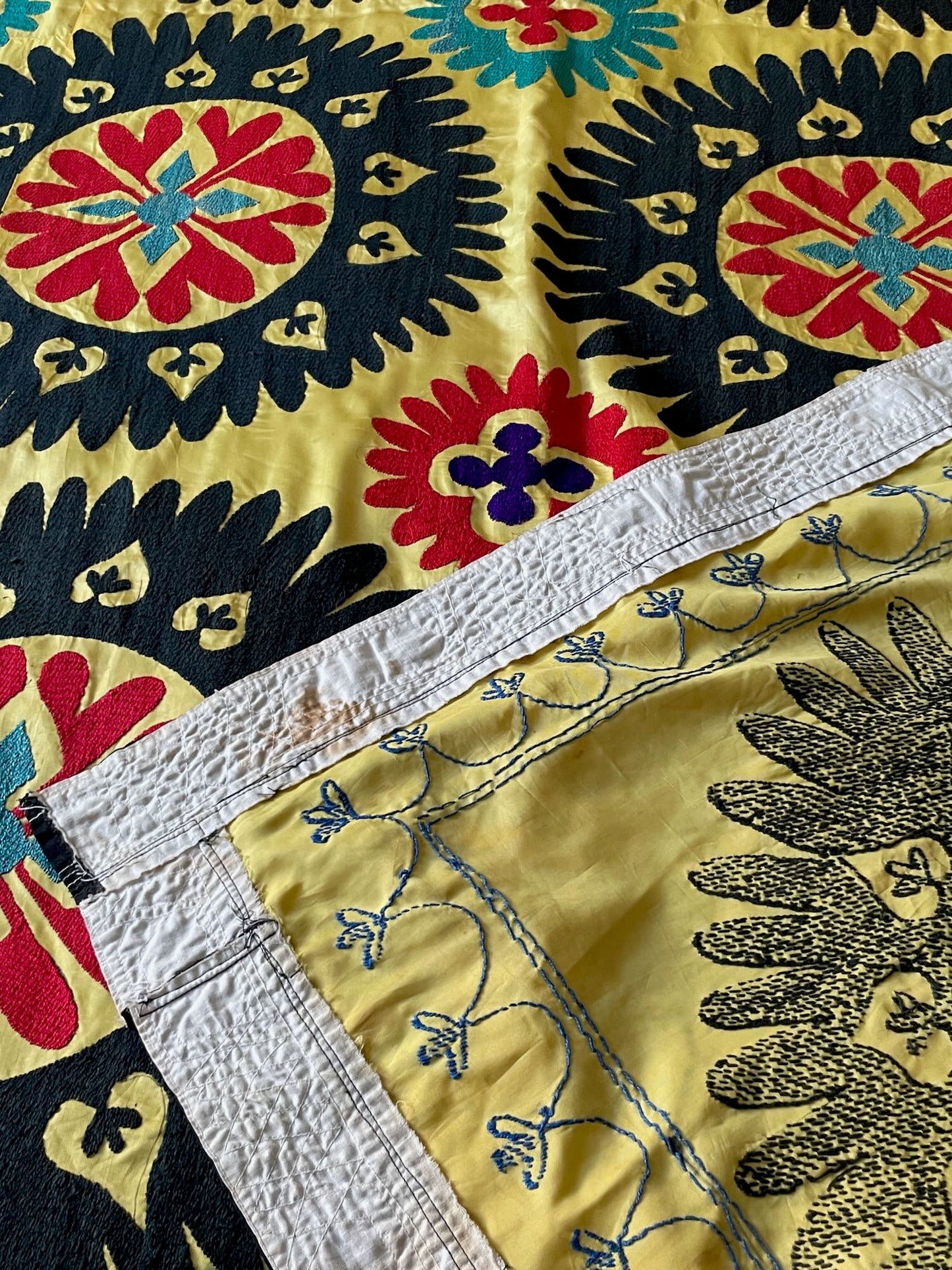 
                  
                    Vintage Suzani Wall Hanging In Yellow, Black & Red
                  
                