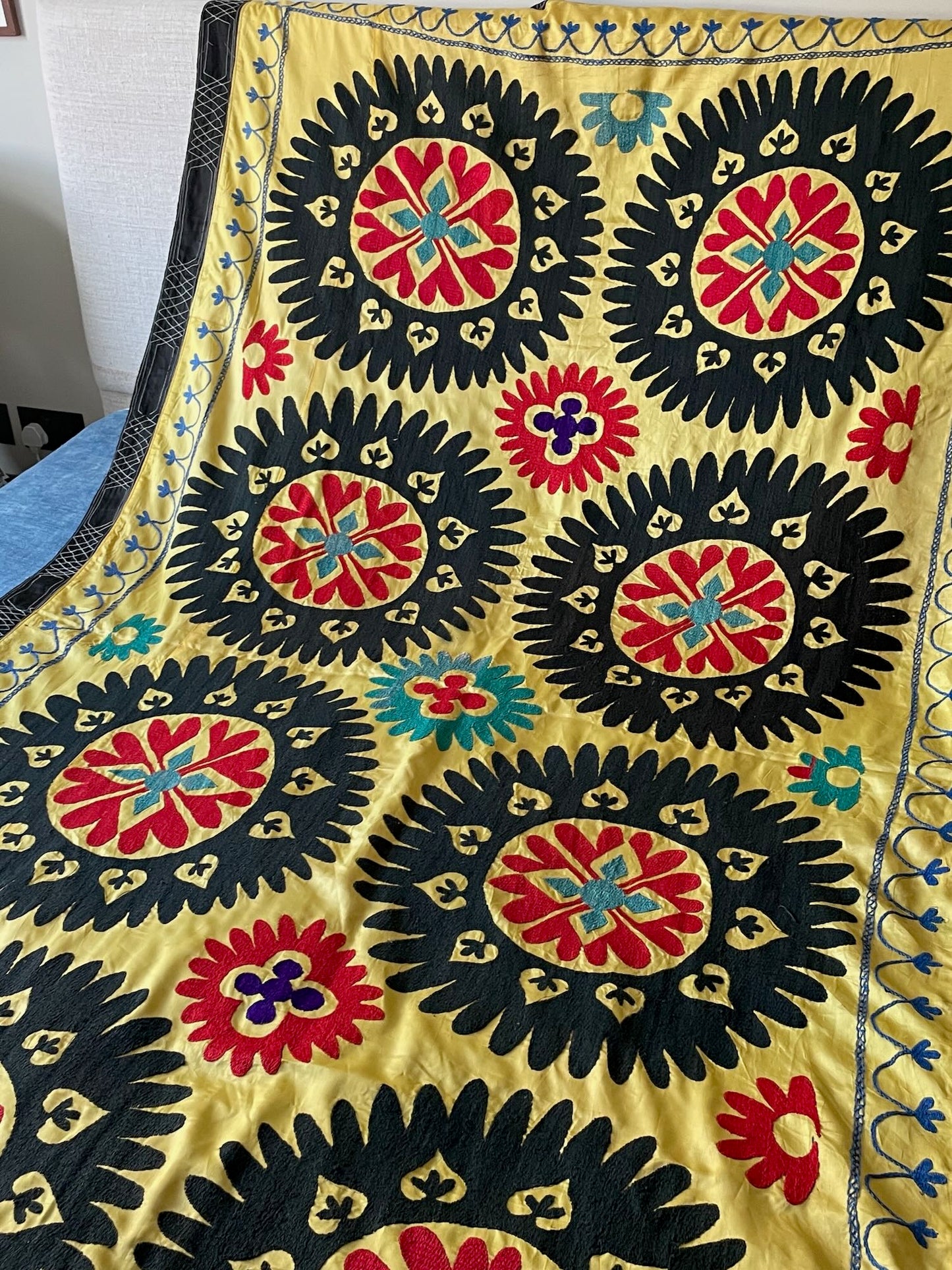 
                  
                    Vintage Suzani Wall Hanging In Yellow, Black & Red
                  
                
