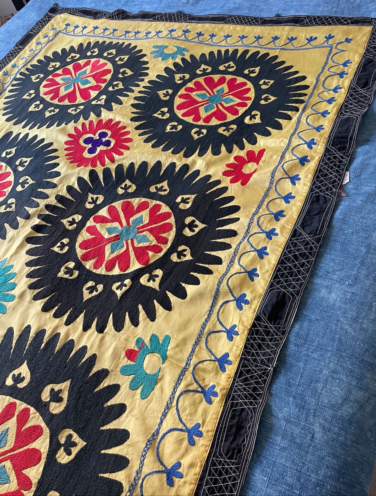 
                  
                    Vintage Suzani Wall Hanging In Yellow, Black & Red
                  
                