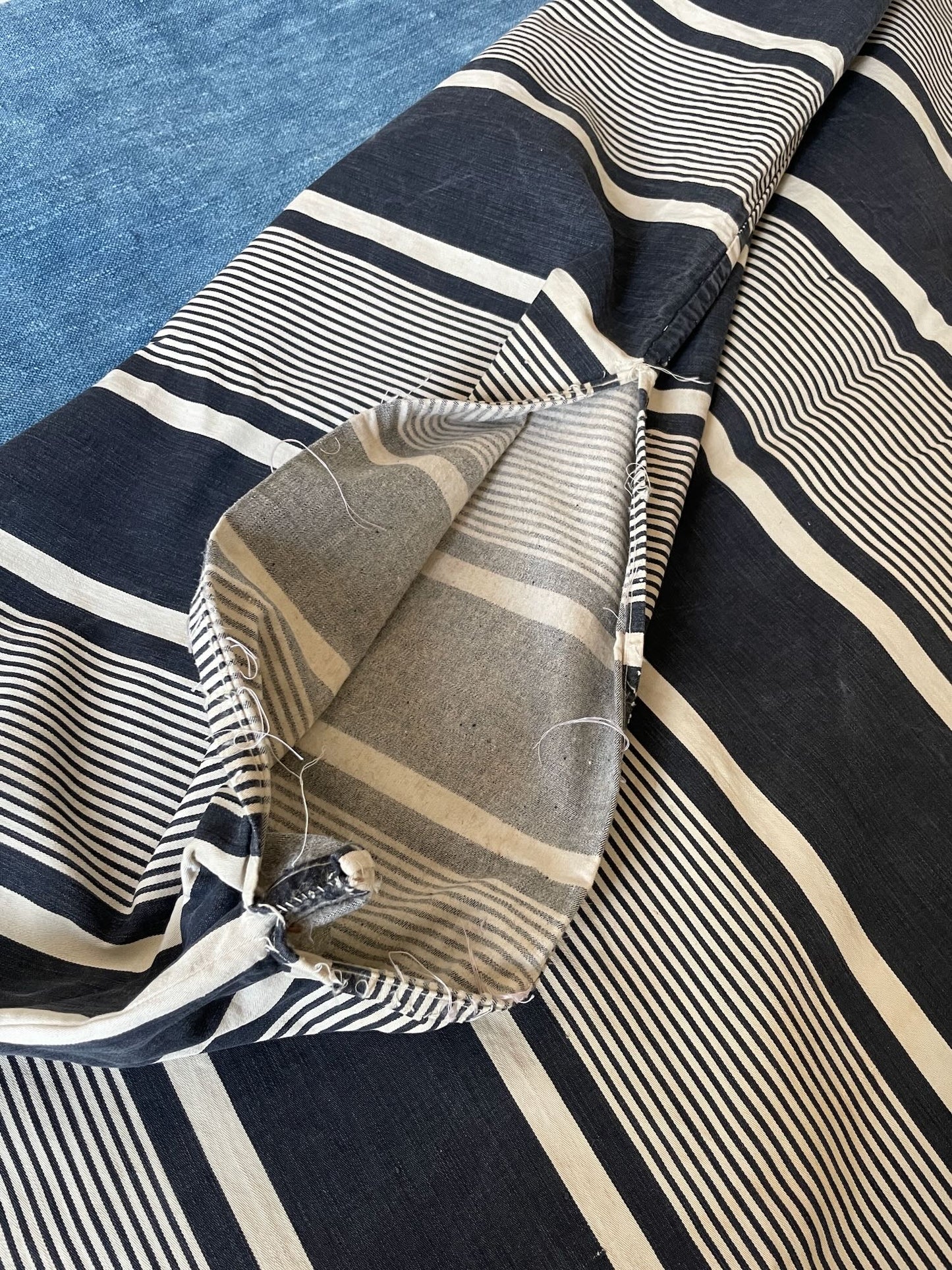 
                  
                    antique french mattress ticking cover navy blue and white stripe cotton hard wearing upholstery
                  
                