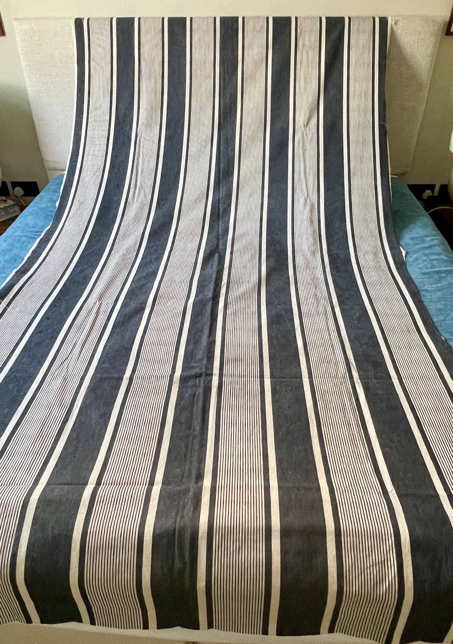 
                  
                    Antique French Ticking Fabric Navy Stripe 2.6m Long
                  
                