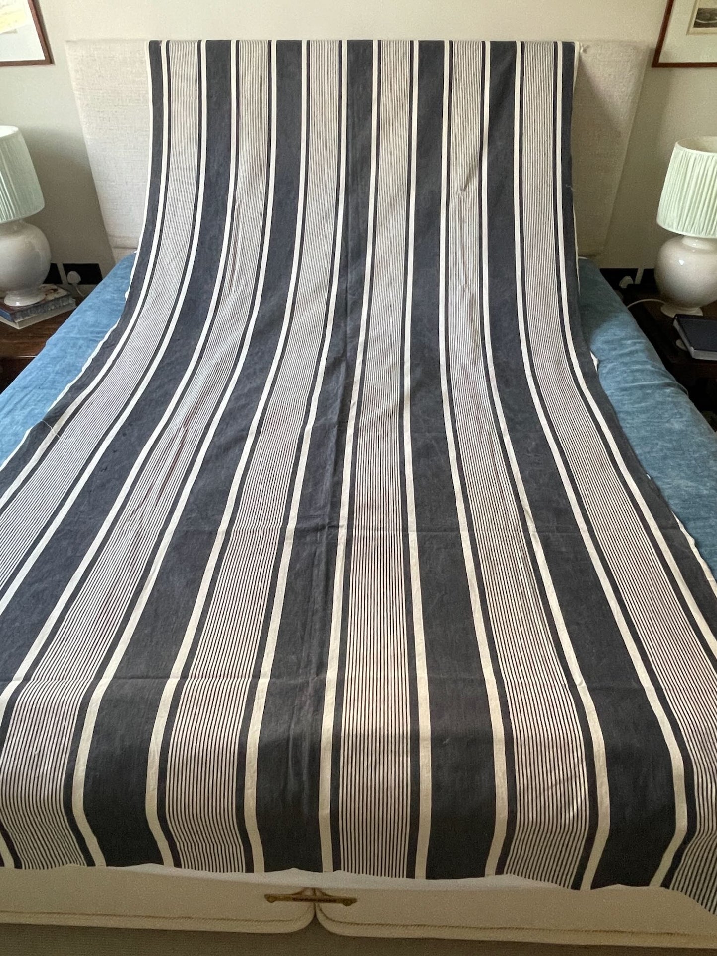 
                  
                    Antique French Ticking Fabric Navy Stripe 2.6m Long
                  
                