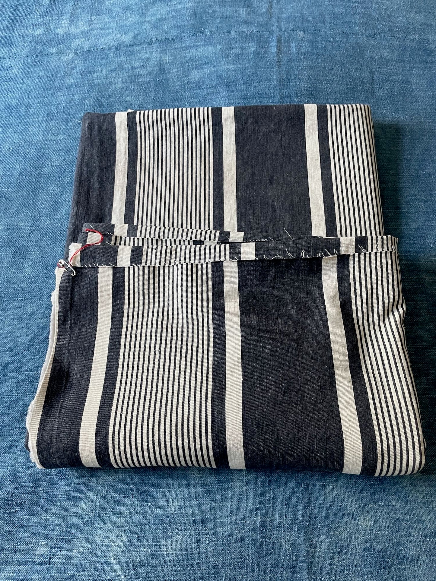 
                  
                    Antique French Ticking Fabric Navy Stripe 2.6m Long
                  
                
