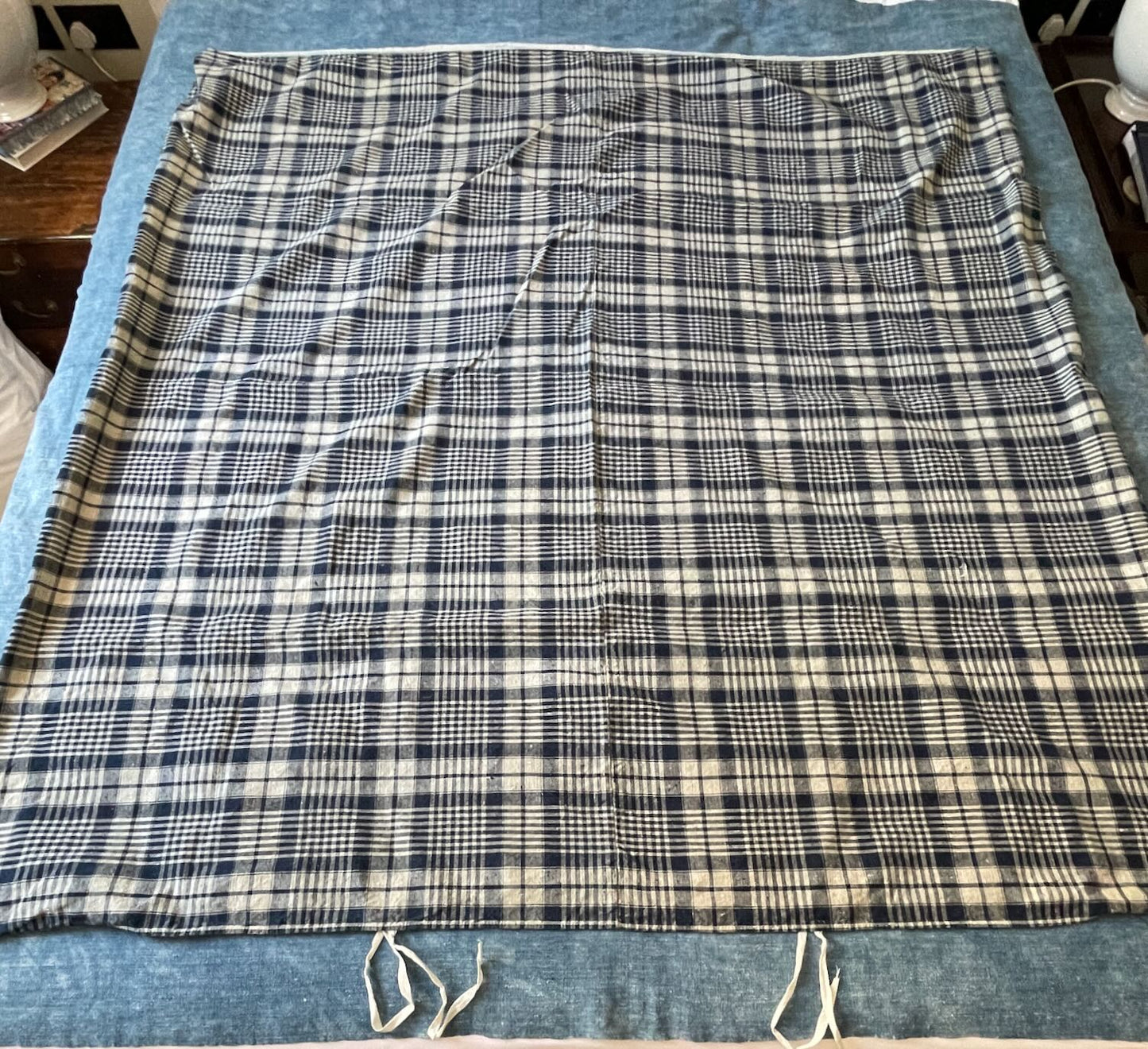 
                  
                    navy blue check plaid bedcover in alsace kelsch fabric rustic linen sewing material antique french 
                  
                