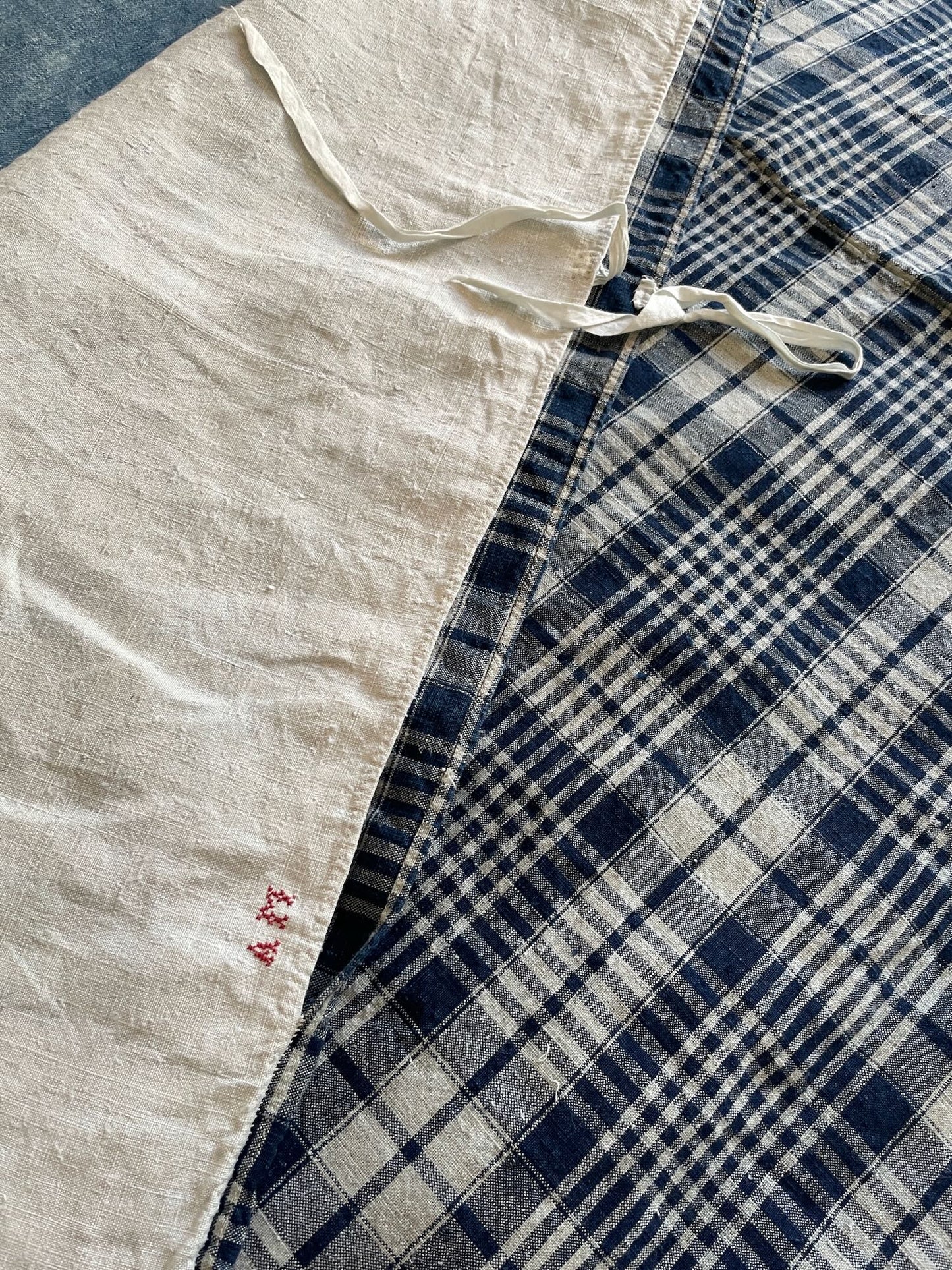 
                  
                    navy blue check plaid bedcover in alsace kelsch fabric rustic linen sewing material antique french 
                  
                