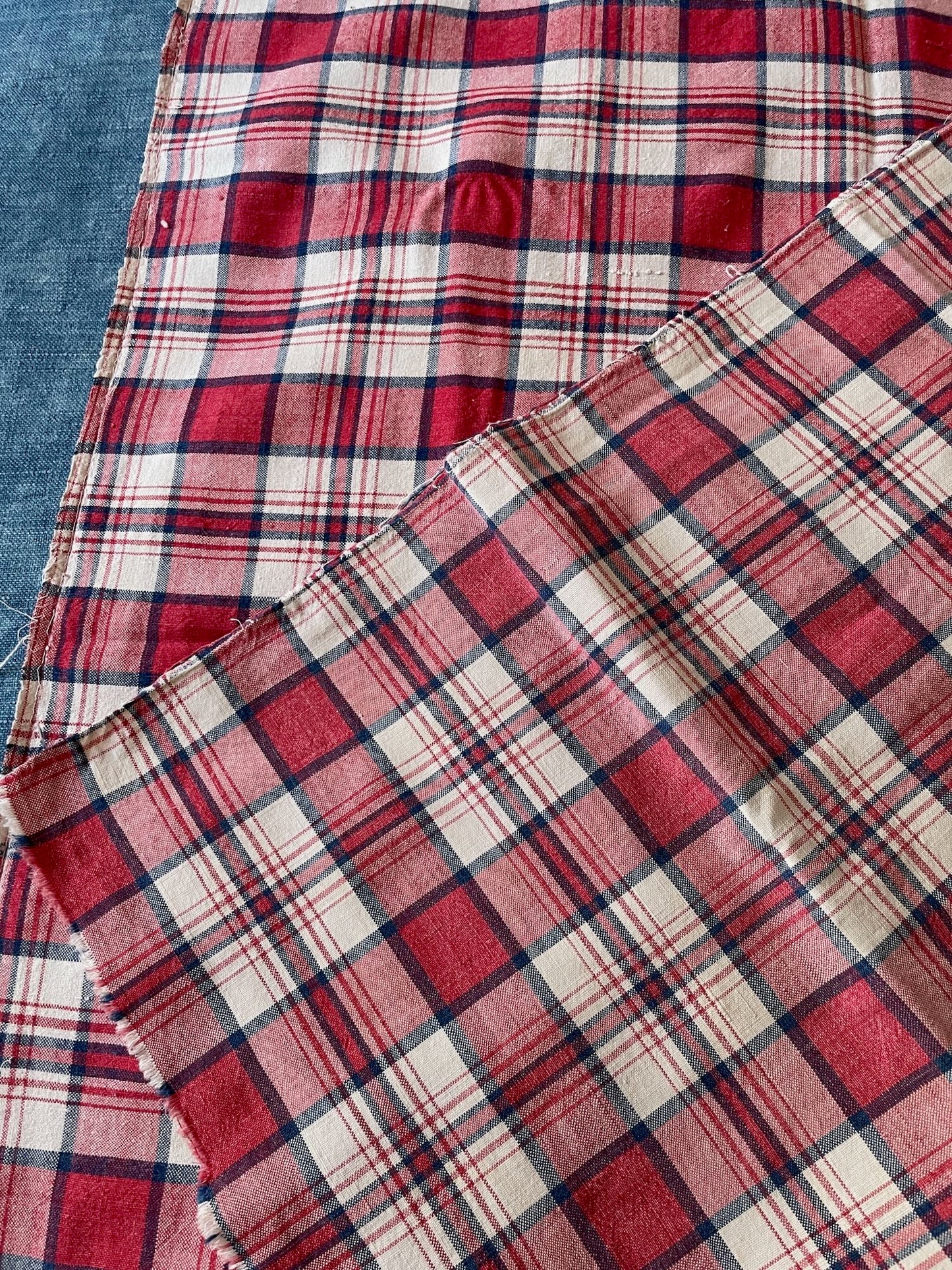 
                  
                    check plaid red white blue sewing fabric linen cotton blend for cushions, projects alsace kelsch
                  
                