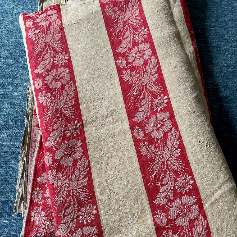 red cream toile de matelas damasse large striped fabric remnant coton antique french textiles