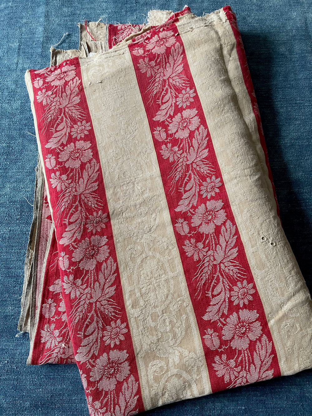 red cream toile de matelas damasse large striped fabric remnant coton antique french textiles