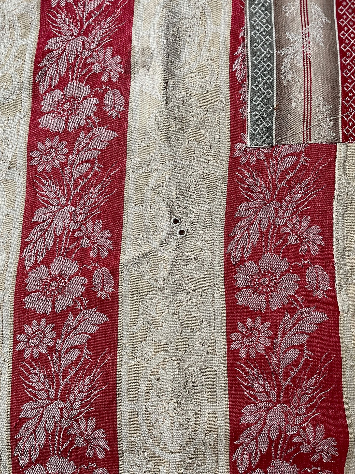 
                  
                    red cream toile de matelas damasse large striped fabric remnant coton antique french textiles
                  
                