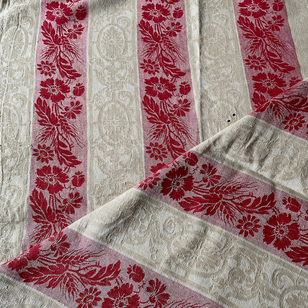 
                  
                    red cream toile de matelas damasse large striped fabric remnant coton antique french textiles
                  
                