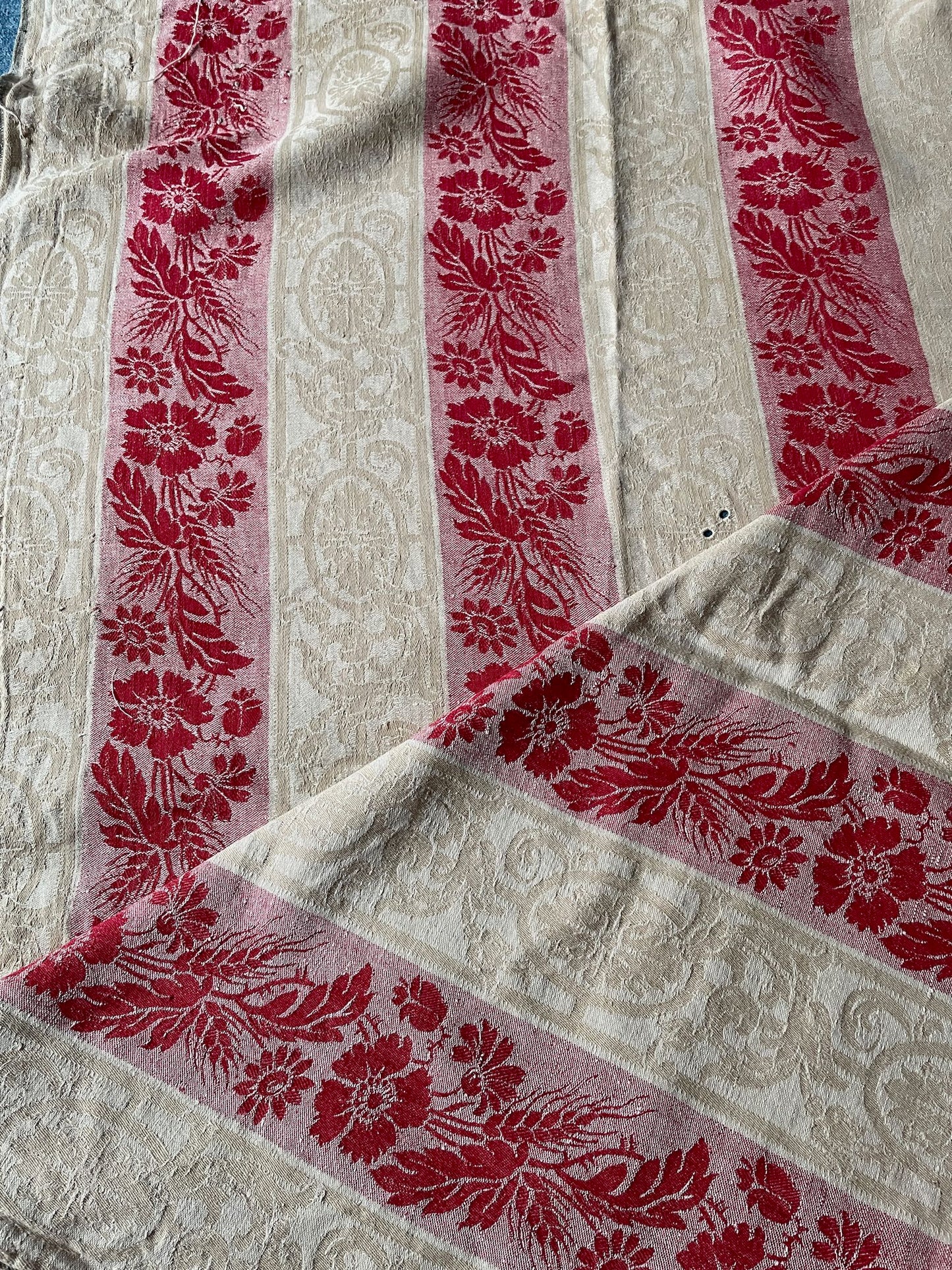 
                  
                    red cream toile de matelas damasse large striped fabric remnant coton antique french textiles
                  
                