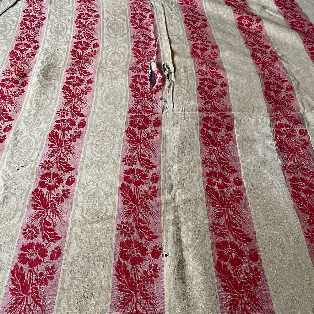 
                  
                    red cream toile de matelas damasse large striped fabric remnant coton antique french textiles
                  
                