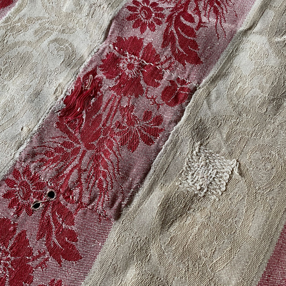 
                  
                    red cream toile de matelas damasse large striped fabric remnant coton antique french textiles
                  
                