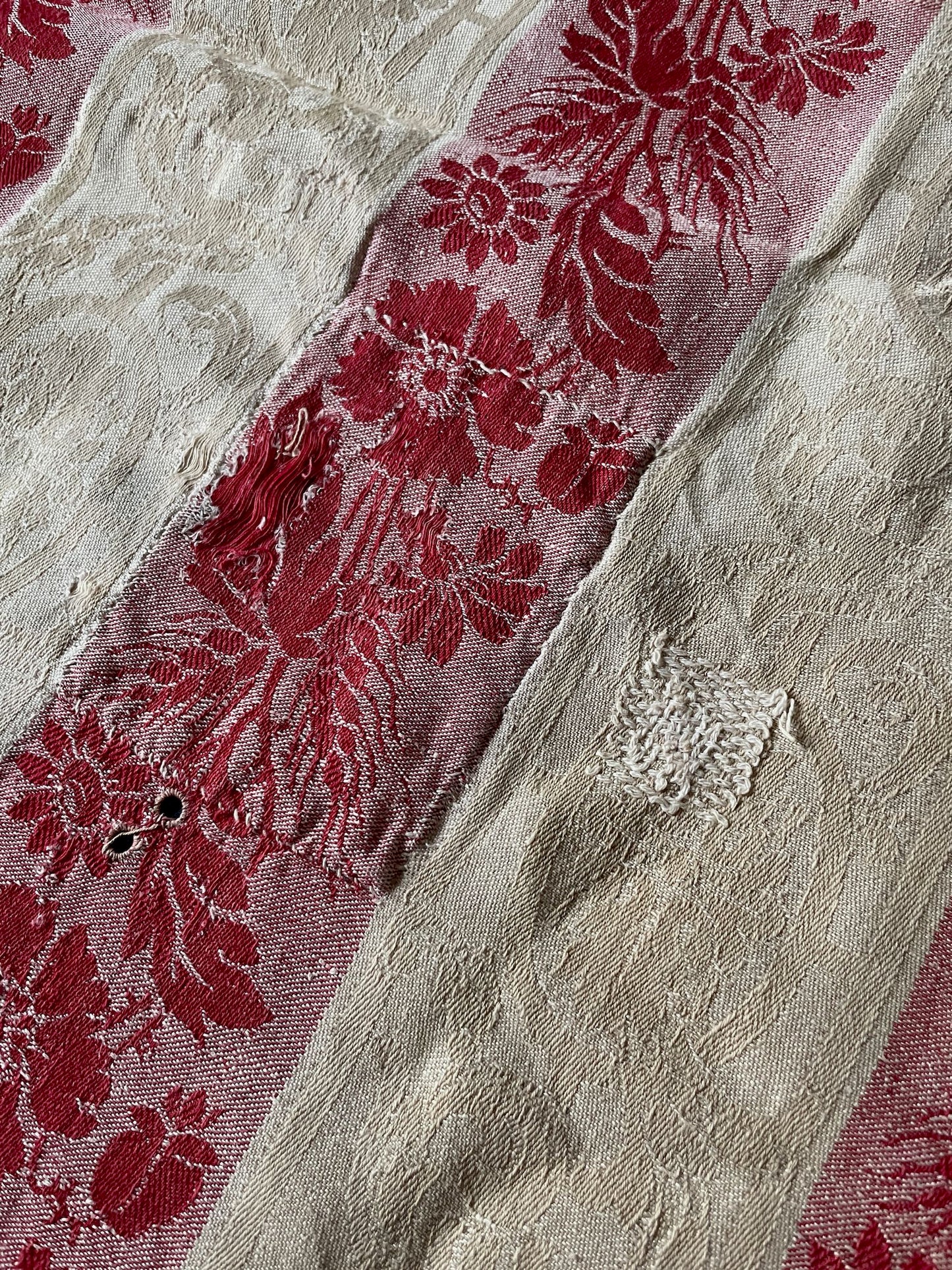 
                  
                    red cream toile de matelas damasse large striped fabric remnant coton antique french textiles
                  
                