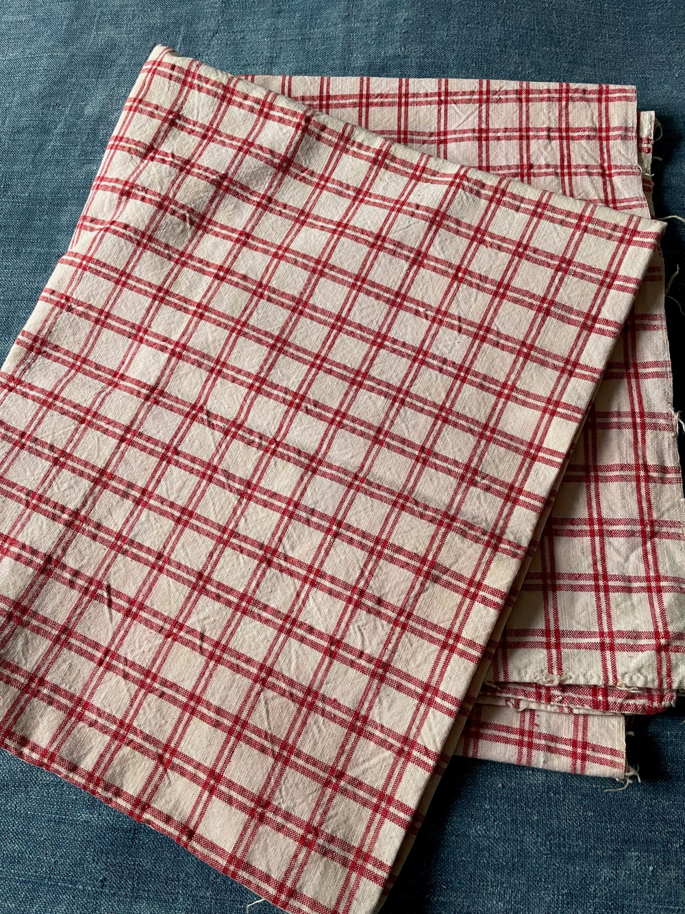 red white check fabric antique french Alsace kelsch material upholstery curtain tablecloth