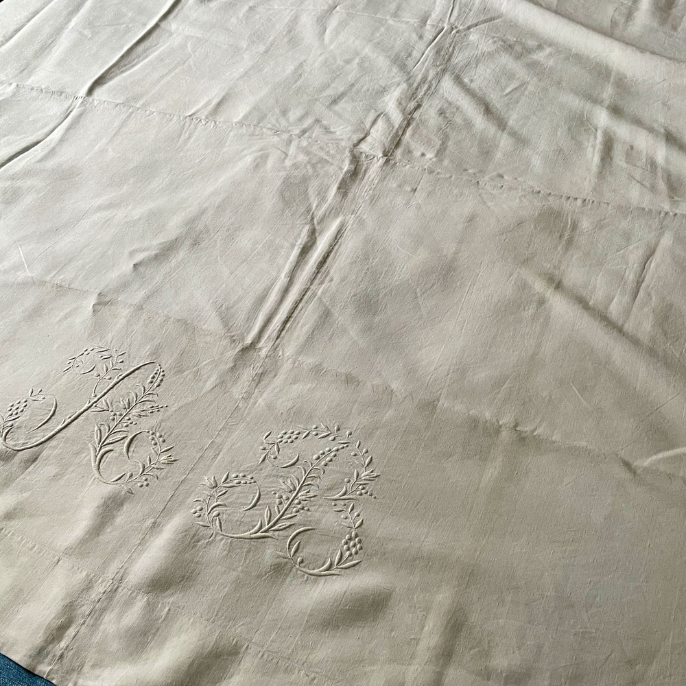 
                  
                    antique french linen sheet large flat sheet monogrammed AB beautiful embroidery bedspread
                  
                