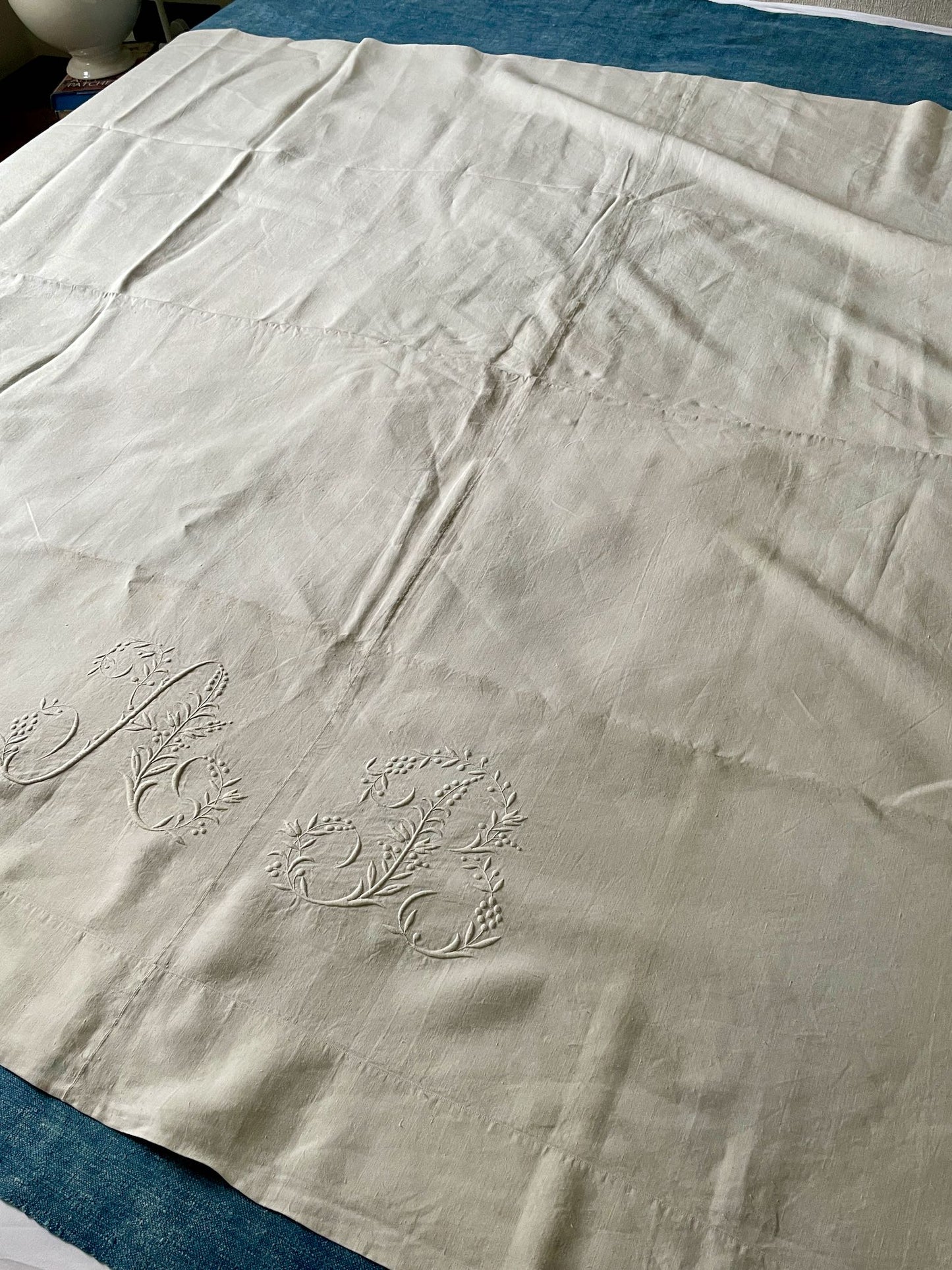 
                  
                    antique french linen sheet large flat sheet monogrammed AB beautiful embroidery bedspread
                  
                