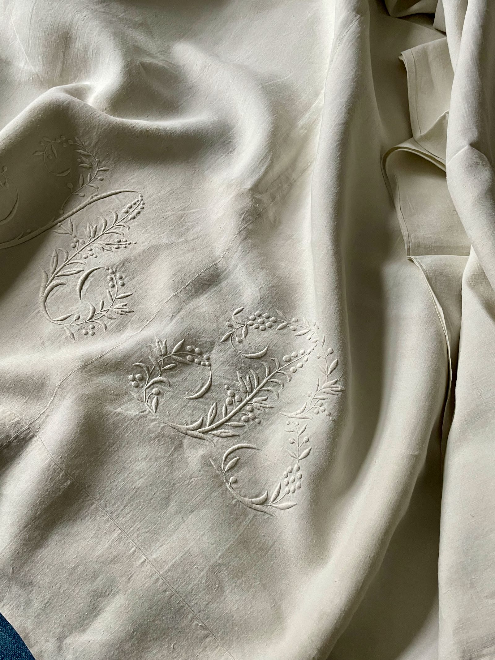 Antique linen sheets, table deals linen with monogram from France, linen, sheets, throw