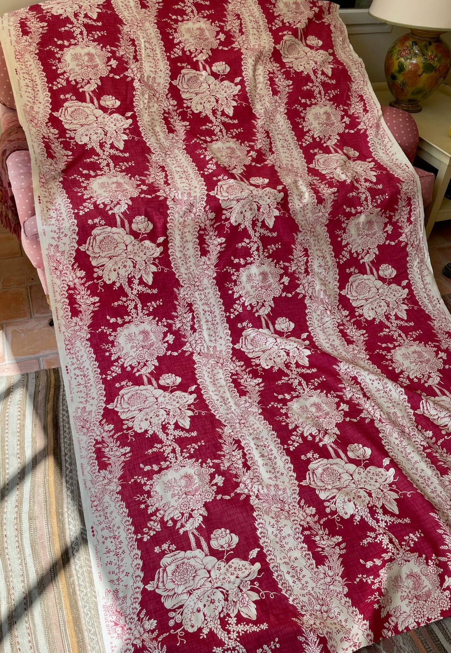 
                  
                    curtain length vintage french curtain material romanex de boussac 8.4m long raspberry red cream 
                  
                
