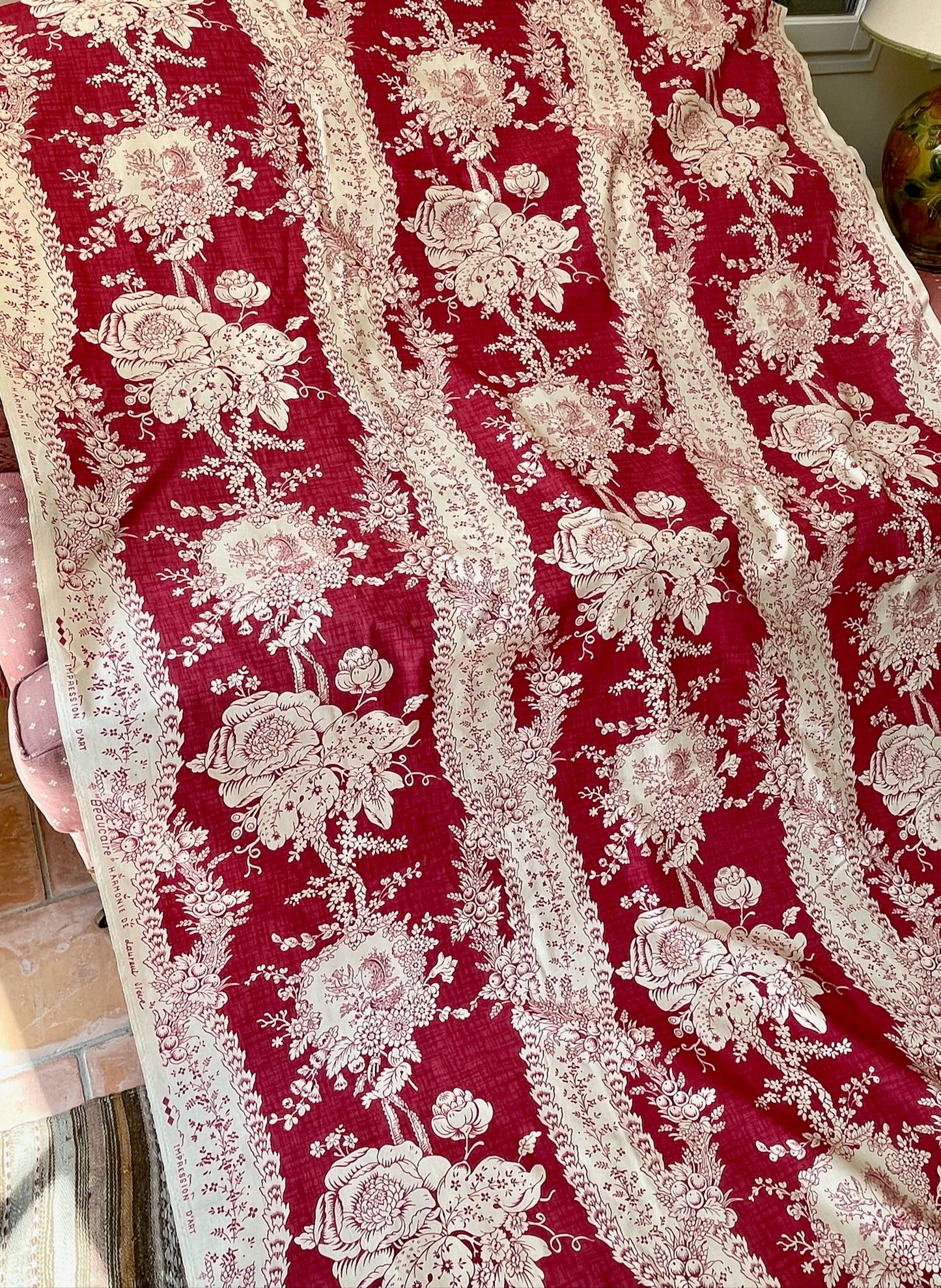 
                  
                    curtain length vintage french curtain material romanex de boussac 8.4m long raspberry red cream 
                  
                