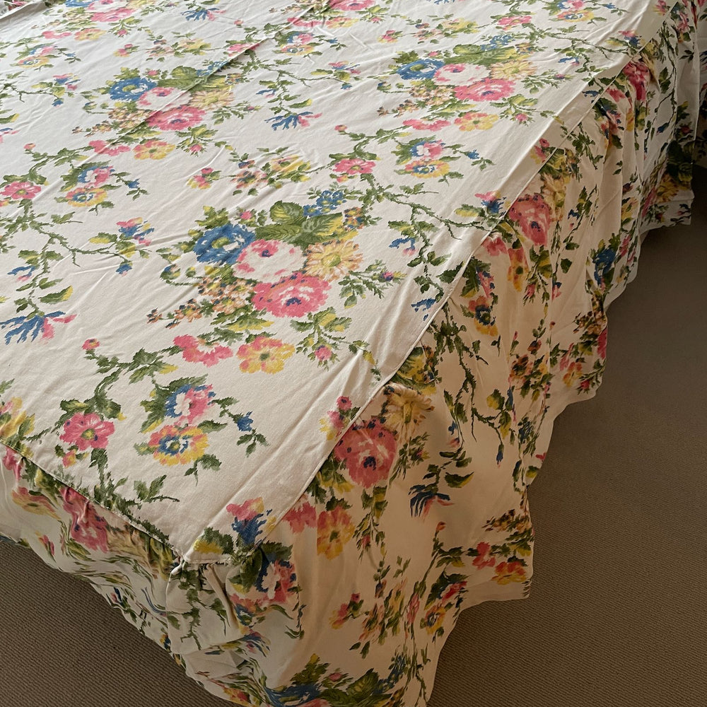 vintage french cotton bedspread valance counterpane sewing material pink blue roses pretty