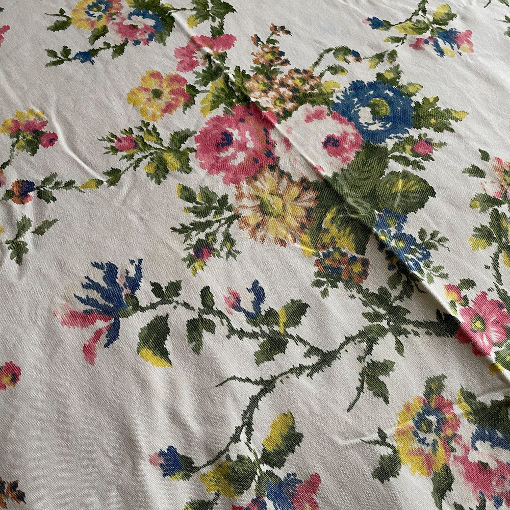 vintage french cotton bedspread valance counterpane sewing material pink blue roses pretty