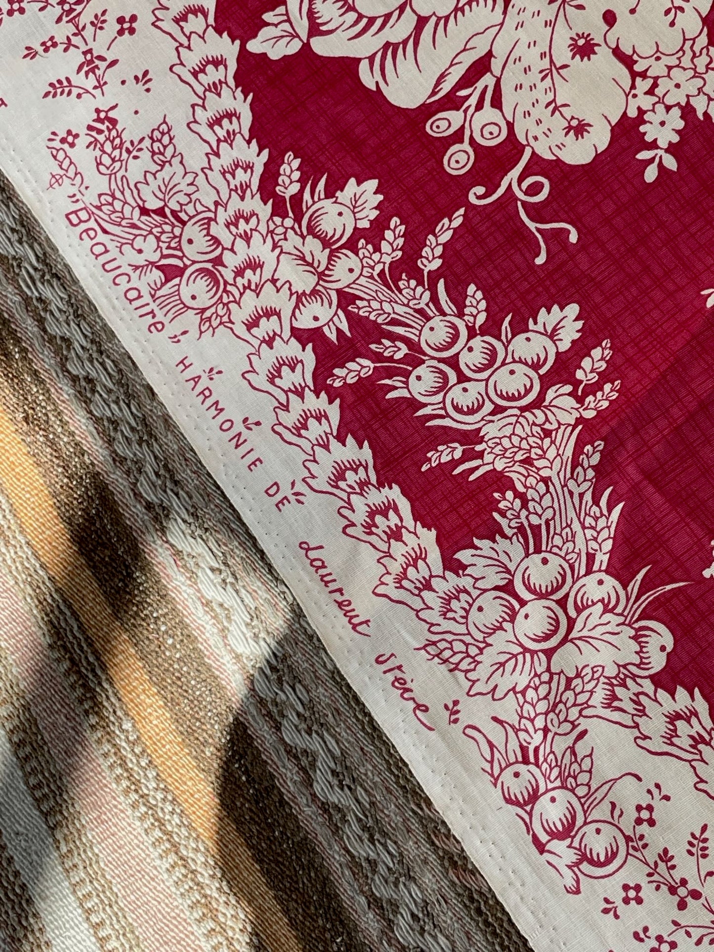 
                  
                    curtain length vintage french curtain material romanex de boussac 8.4m long raspberry red cream 
                  
                