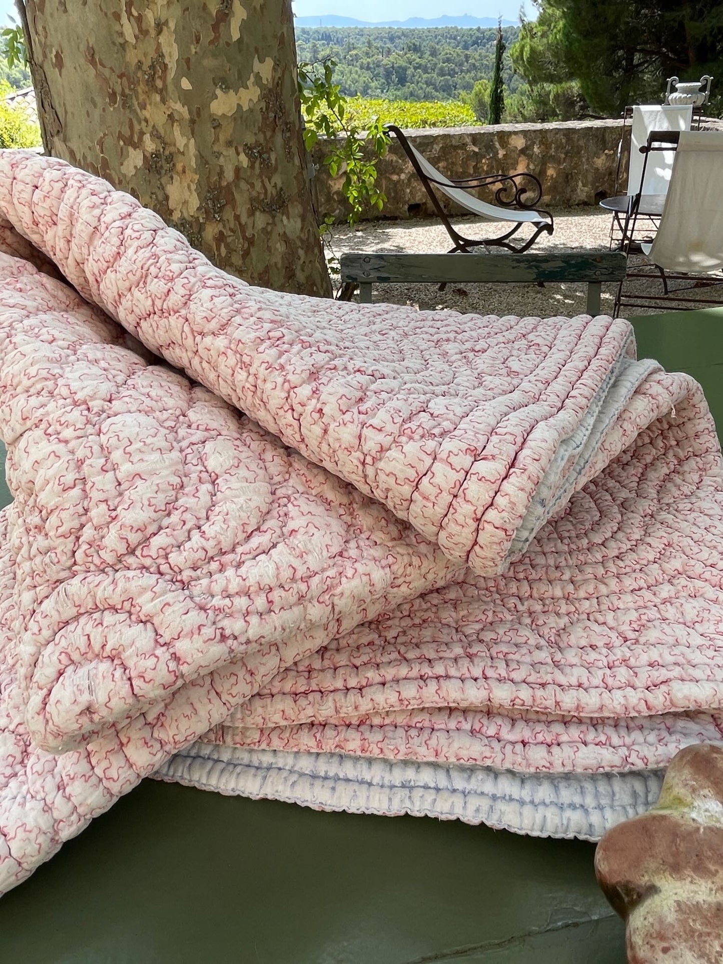pale pink hand stitched french quilt floral pattern blue on reverse small bedcover warm comforter