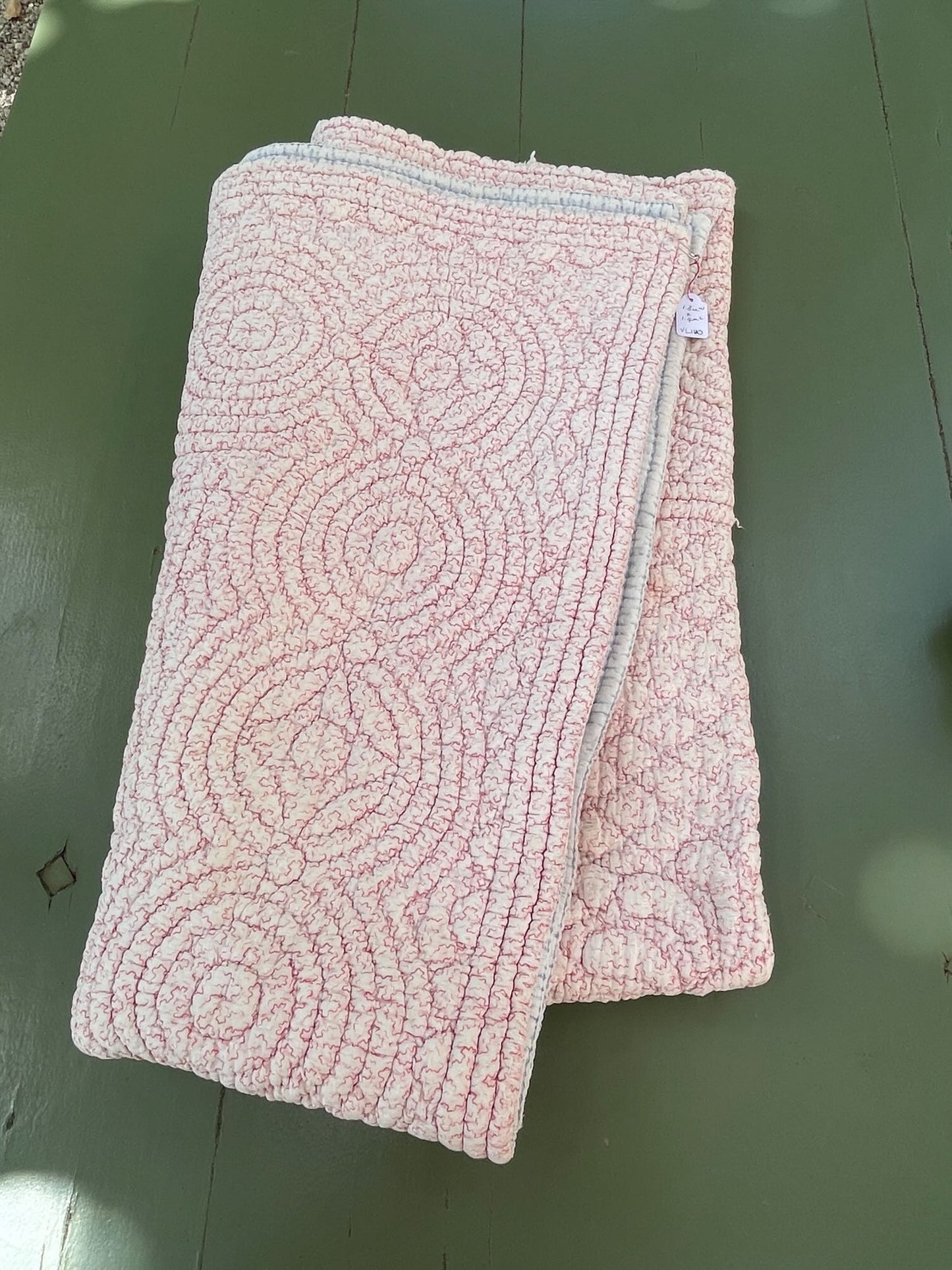 pale pink hand stitched french quilt floral pattern blue on reverse small bedcover warm comforter