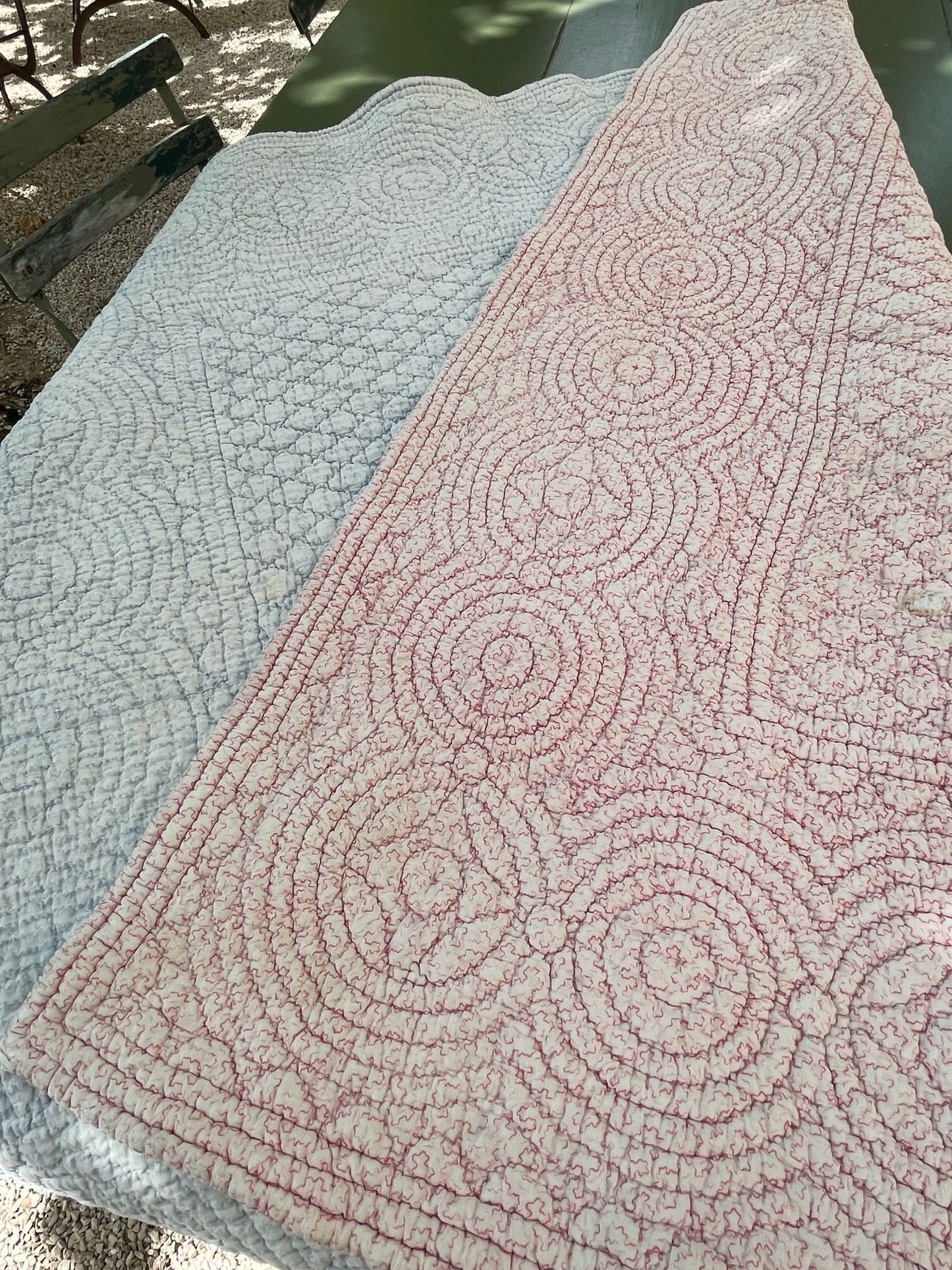 
                  
                    pale pink hand stitched french quilt floral pattern blue on reverse small bedcover warm comforter
                  
                