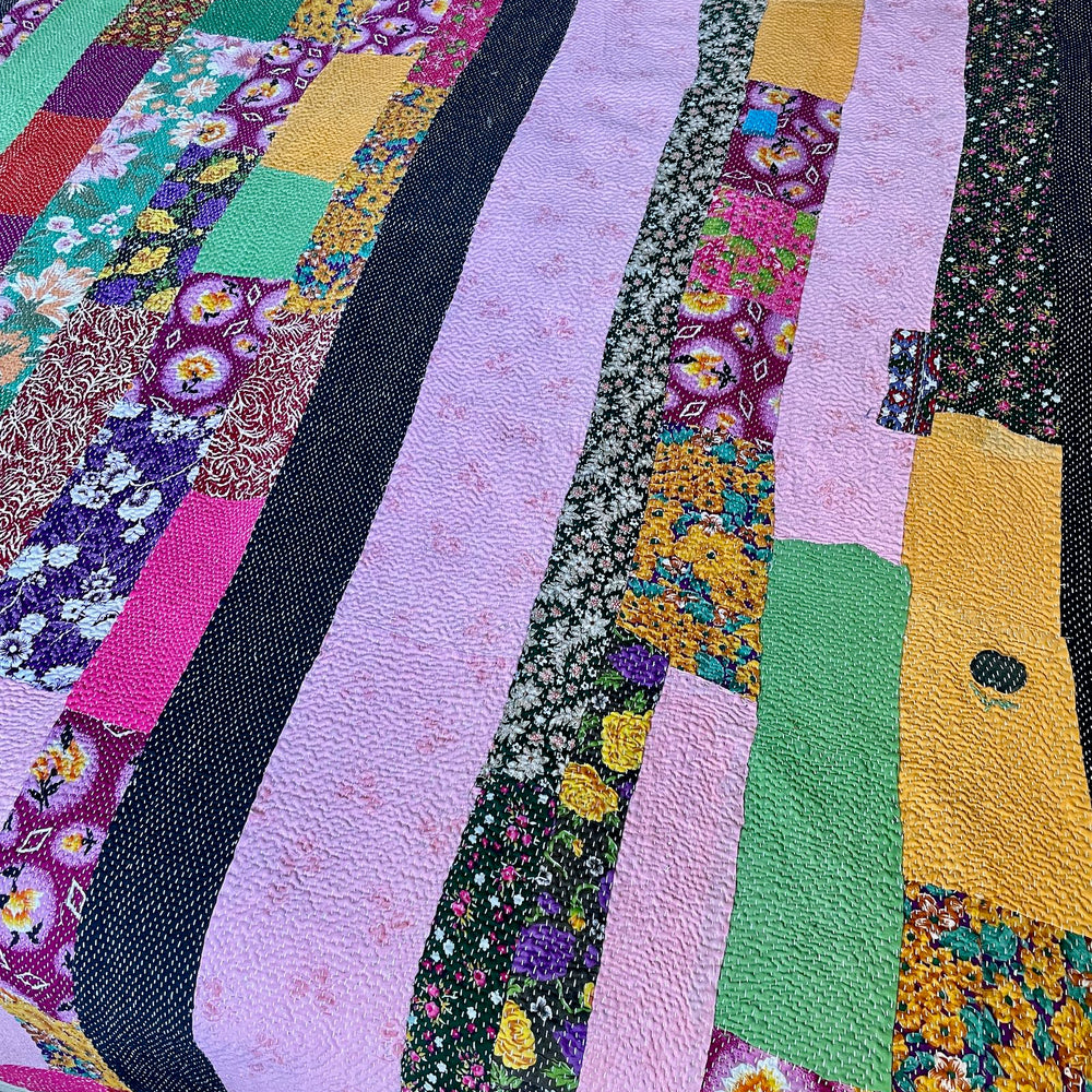 striped patchwork kantha quilt floral pink red yellow cotton large bedspread single bedcover throw