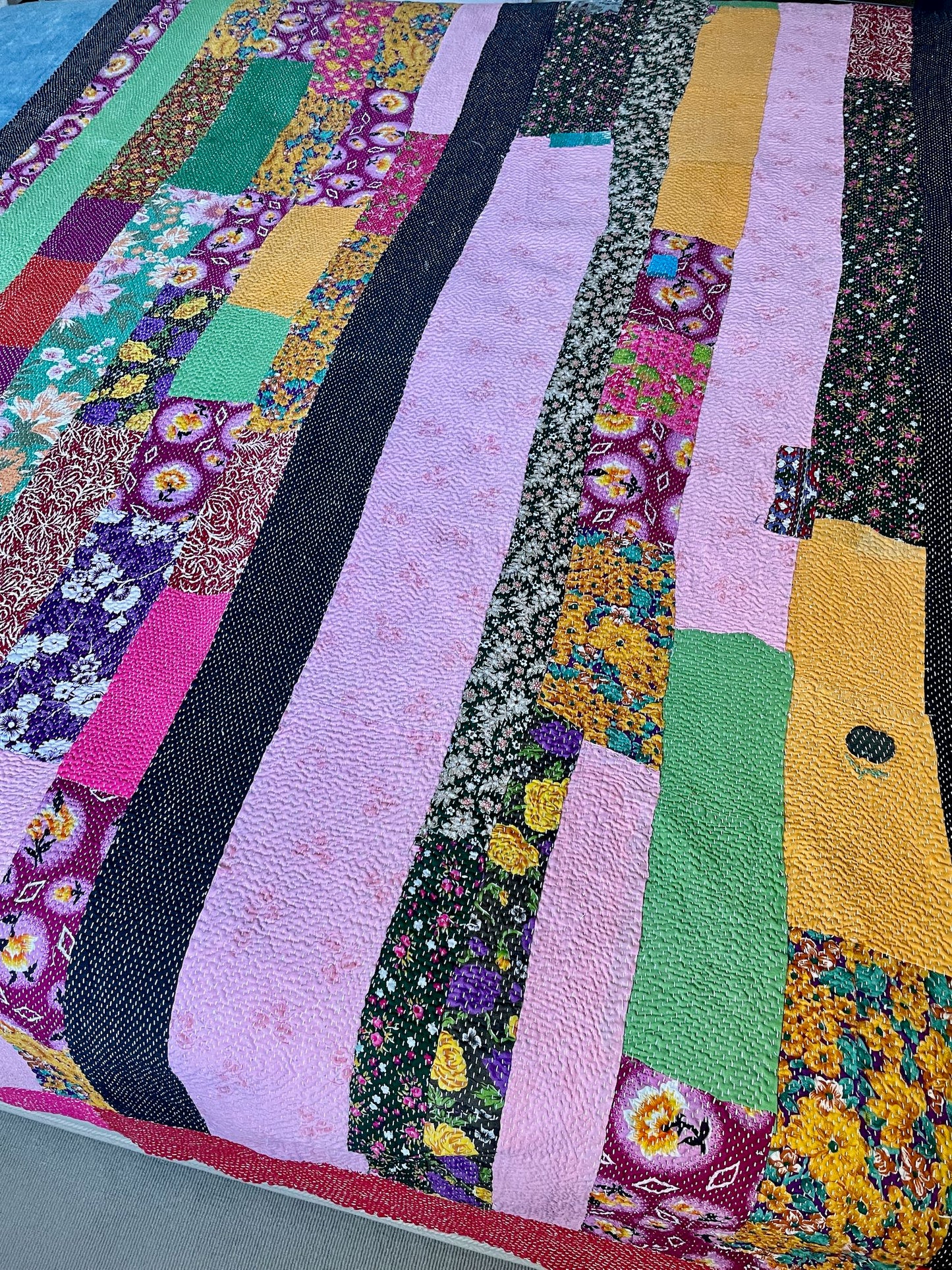 striped patchwork kantha quilt floral pink red yellow cotton large bedspread single bedcover throw