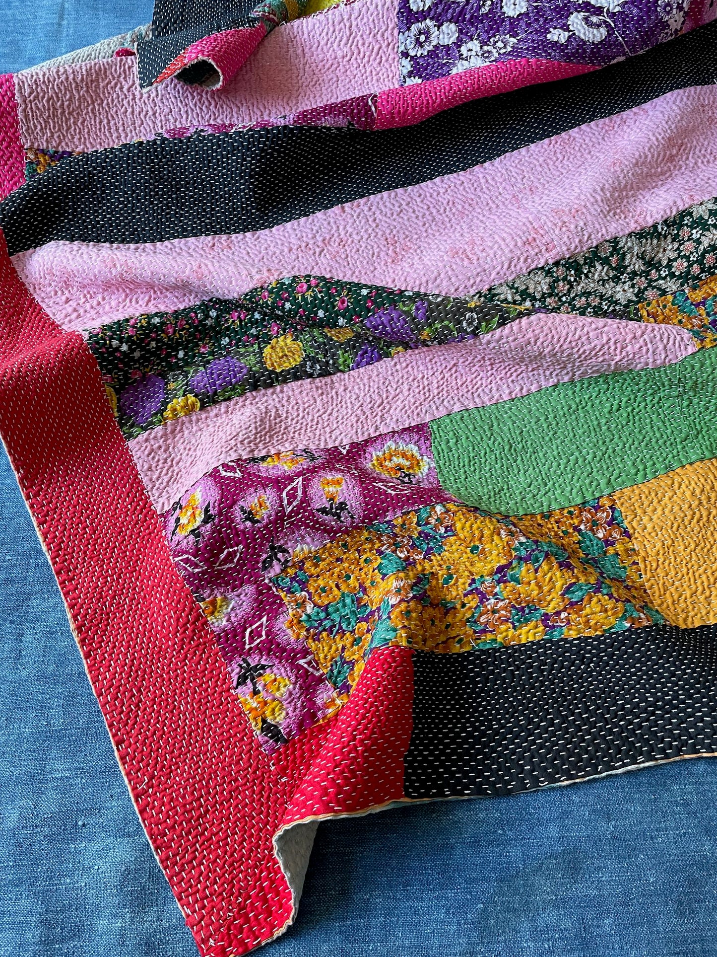 striped patchwork kantha quilt floral pink red yellow cotton large bedspread single bedcover throw