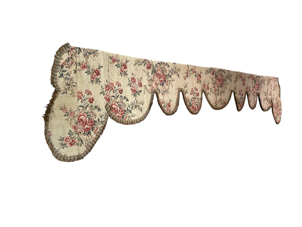 antique french pelmet curtain heading bed canopy pink roses pretty floral design scalloped